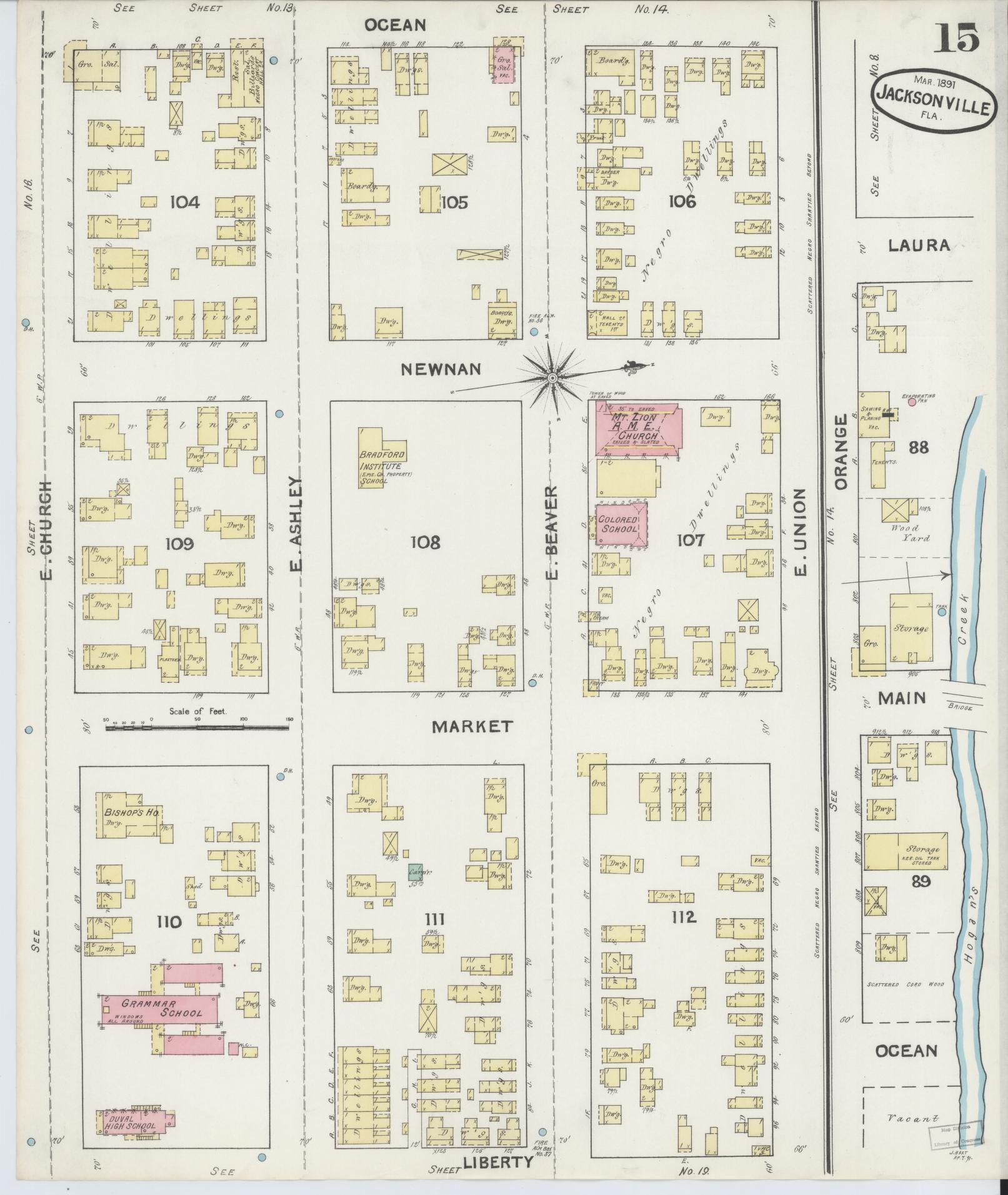 Sanborn Fire Insurance Map from Jacksonville, Duval County, Florida (1891), Sheet #0015 - Complete Map Set gallery image, historic Sanborn map, vintage wall art, Florida Florida