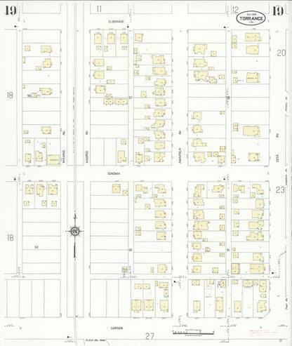 Sanborn Fire Insurance Map from Torrance, Los Angeles County, California (1929), Sheet #0019 - Complete Map Set gallery image, historic Sanborn map, vintage wall art, California California