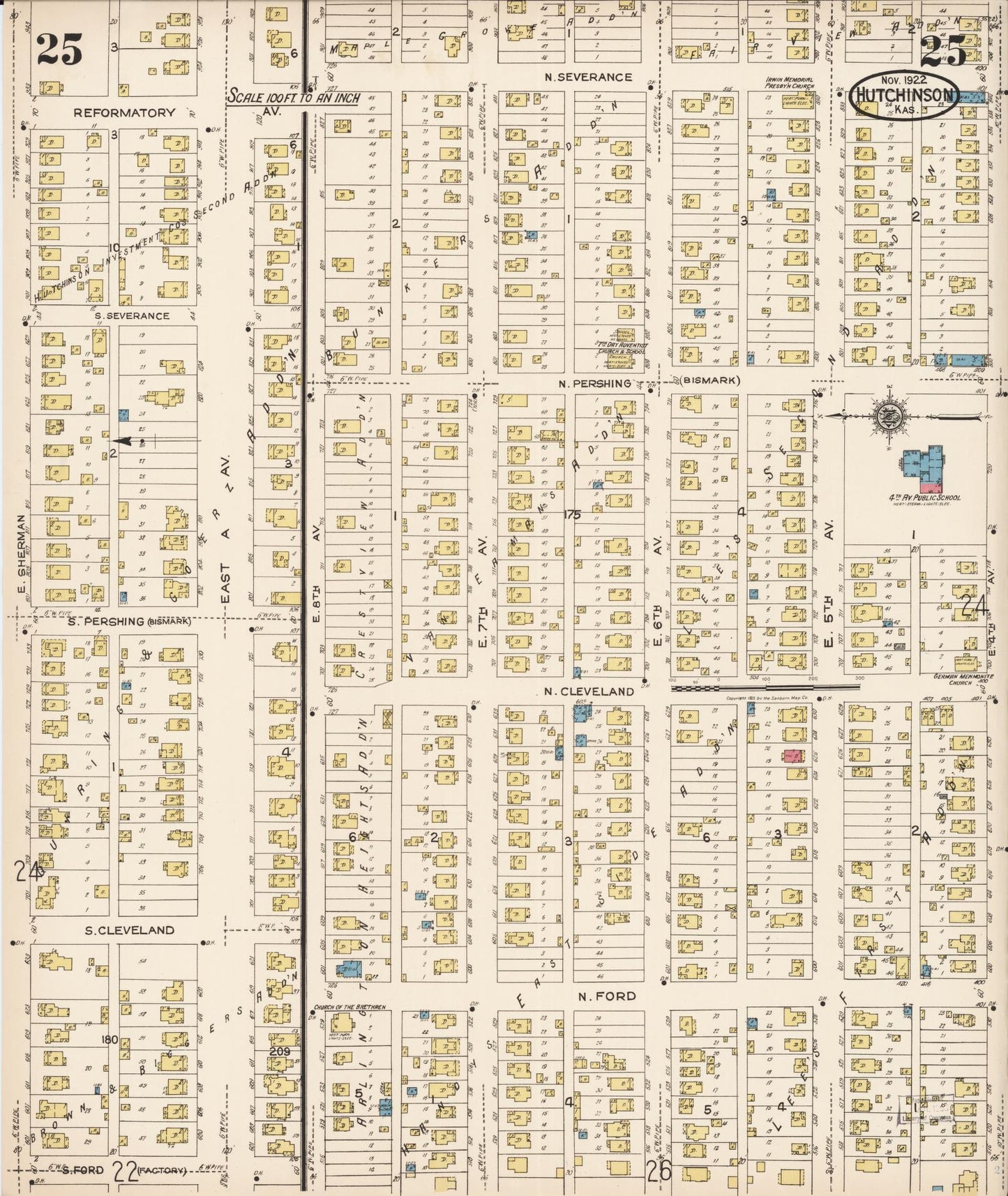 Sanborn Fire Insurance Map from Hutchinson, Reno County, Kansas (1922), Sheet #0026 - Historic Sanborn Fire Insurance Map Print, vintage old map wall art, antique decor, genealogy gift, Kansas Kansas map