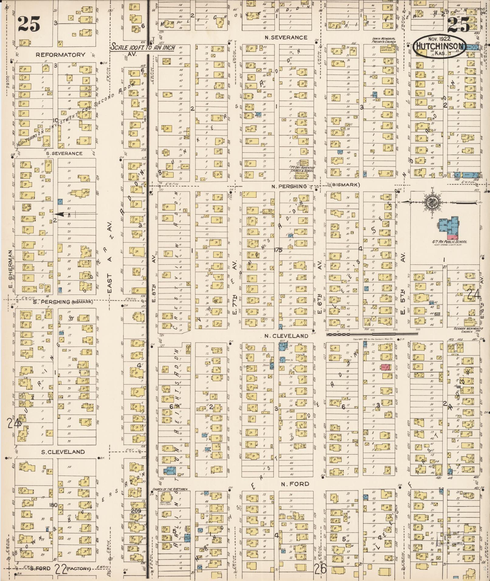 Sanborn Fire Insurance Map from Hutchinson, Reno County, Kansas (1922), Sheet #0026 - Historic Sanborn Fire Insurance Map Print, vintage old map wall art, antique decor, genealogy gift, Kansas Kansas map