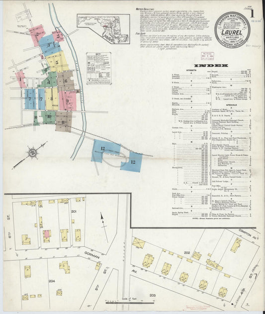 Sanborn Fire Insurance Map from Laurel, Prince Georges County, Maryland (1914), Sheet #0001 - Historic Sanborn Fire Insurance Map Print, vintage old map wall art, antique decor, genealogy gift, Maryland Maryland map