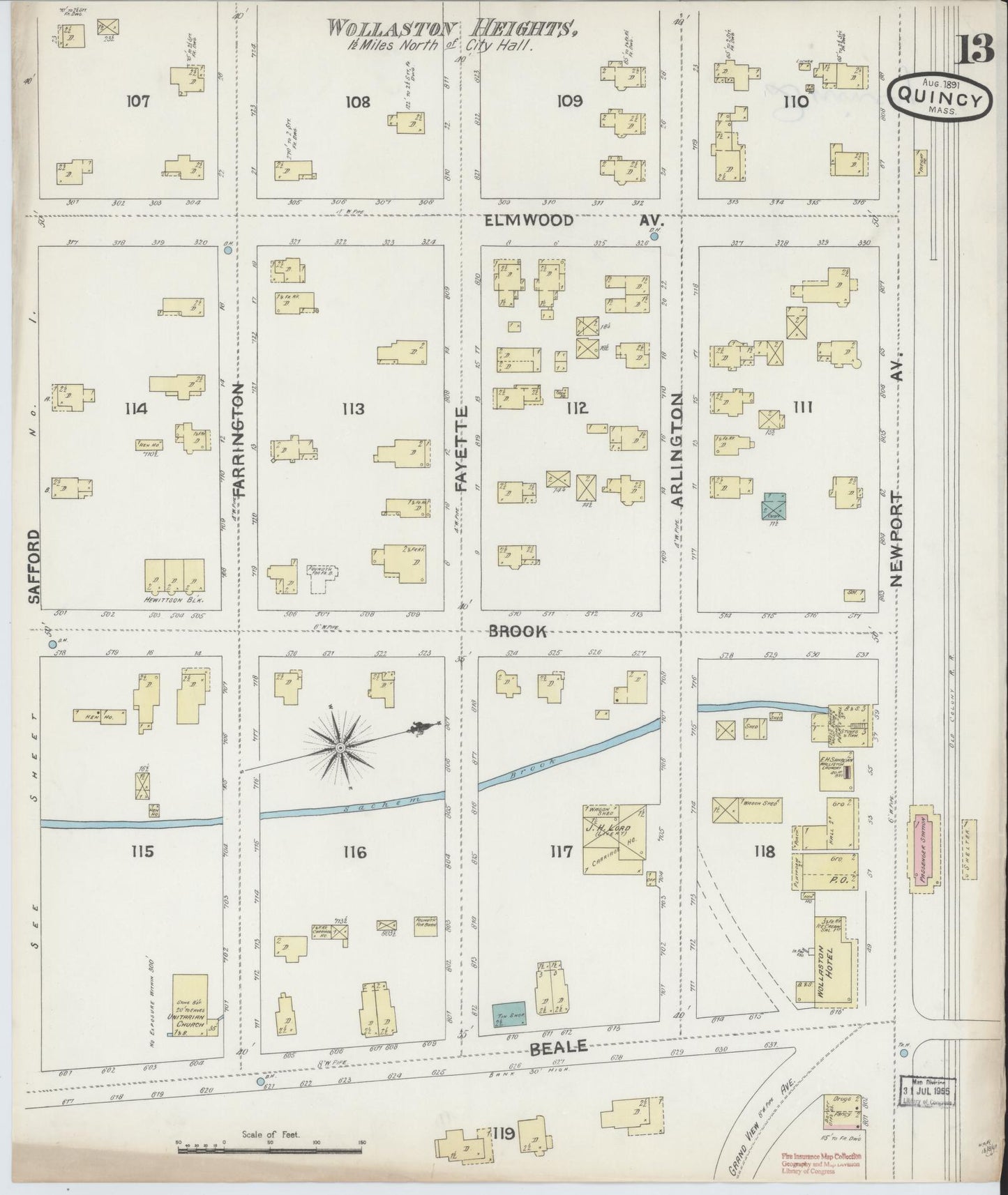 Sanborn Fire Insurance Map from Quincy, Norfolk County, Massachusetts (1891), Sheet #0013 - Complete Map Set gallery image, historic Sanborn map, vintage wall art, Massachusetts Massachusetts