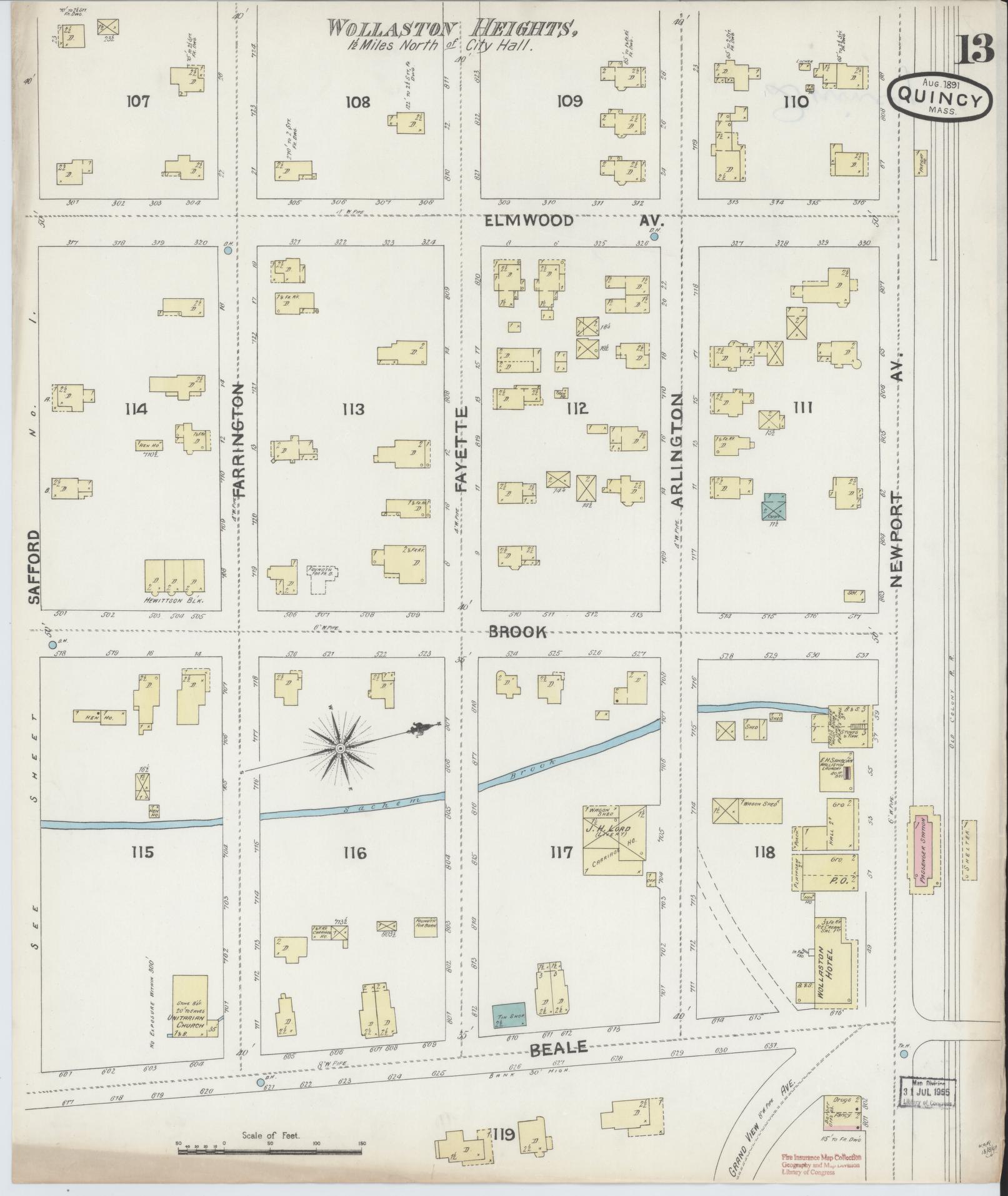 Sanborn Fire Insurance Map from Quincy, Norfolk County, Massachusetts (1891), Sheet #0013 - Complete Map Set gallery image, historic Sanborn map, vintage wall art, Massachusetts Massachusetts