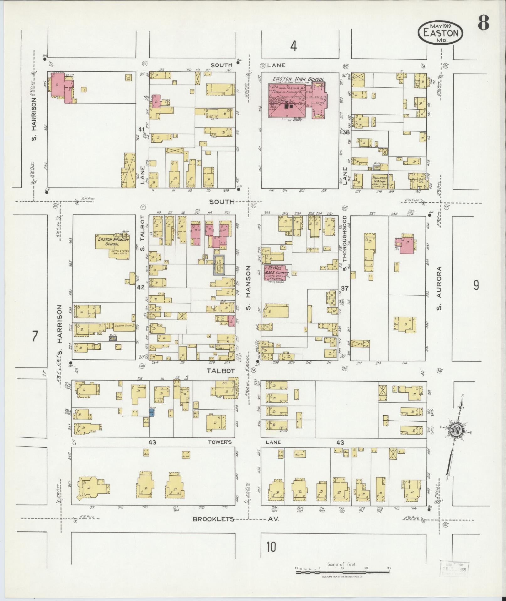 Talbot, Maryland - 1919 - Sanborn Fire Insurance Map, Sheet #0008 - Historic Sanborn Fire Insurance Map Print, Talbot Maryland 1919 0008 vintage old map wall art