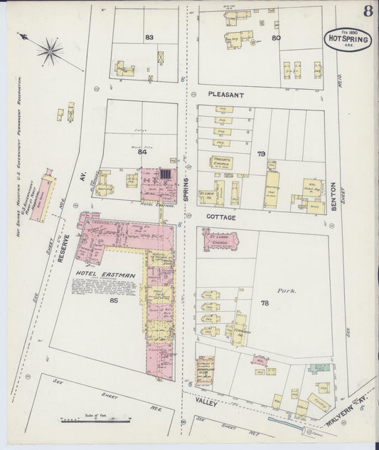 Sanborn Fire Insurance Map from Hot Springs, Garland County, Arkansas (1890), Sheet #0008 - Historic Sanborn Fire Insurance Map Print, vintage old map wall art, antique decor, genealogy gift, Arkansas Arkansas map