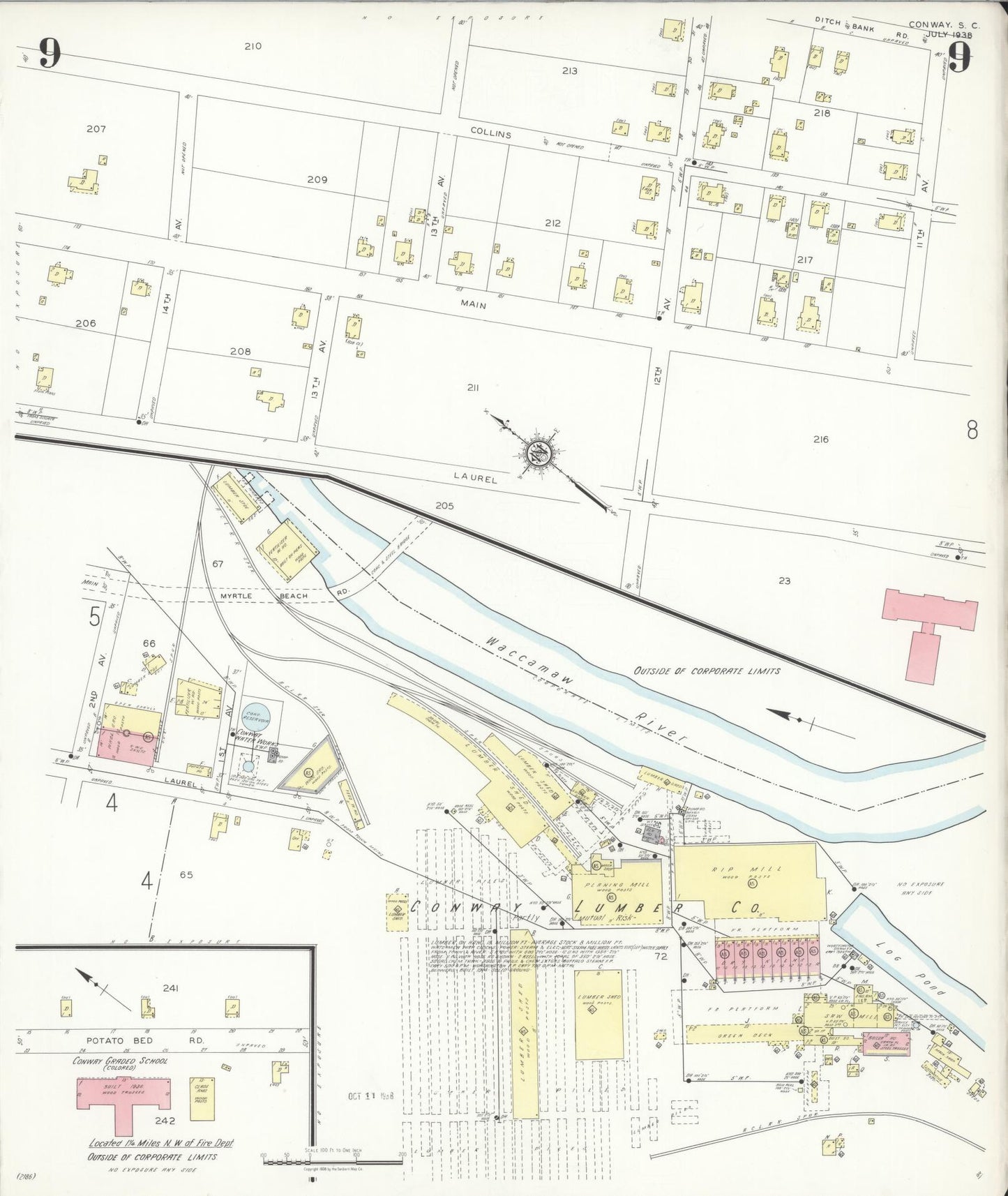 Sanborn Fire Insurance Map from Conway, Horry County, South Carolina (1938), Sheet #0009 - Complete Map Set gallery image, historic Sanborn map, vintage wall art, South Carolina South Carolina