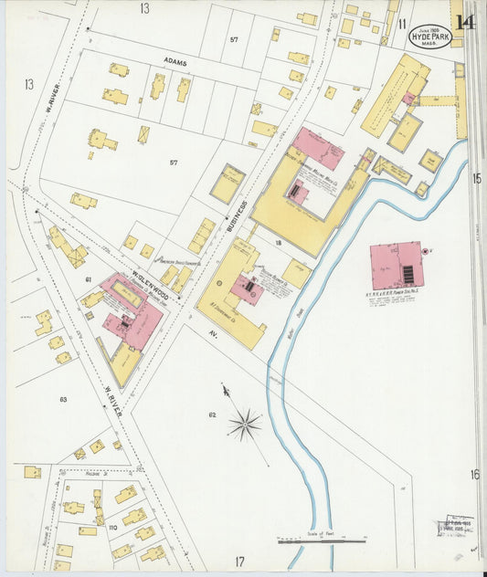 Sanborn Fire Insurance Map from Hyde Park, Norfolk County, Massachusetts (1905), Sheet #0014 - Historic Sanborn Fire Insurance Map Print, vintage old map wall art, antique decor, genealogy gift, Massachusetts Massachusetts map
