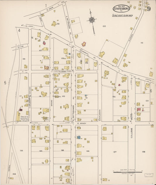 Sanborn Fire Insurance Map from Statesboro, Bulloch County, Georgia (1922), Sheet #0009 - Historic Sanborn Fire Insurance Map Print, vintage old map wall art, antique decor, genealogy gift, Georgia Georgia map