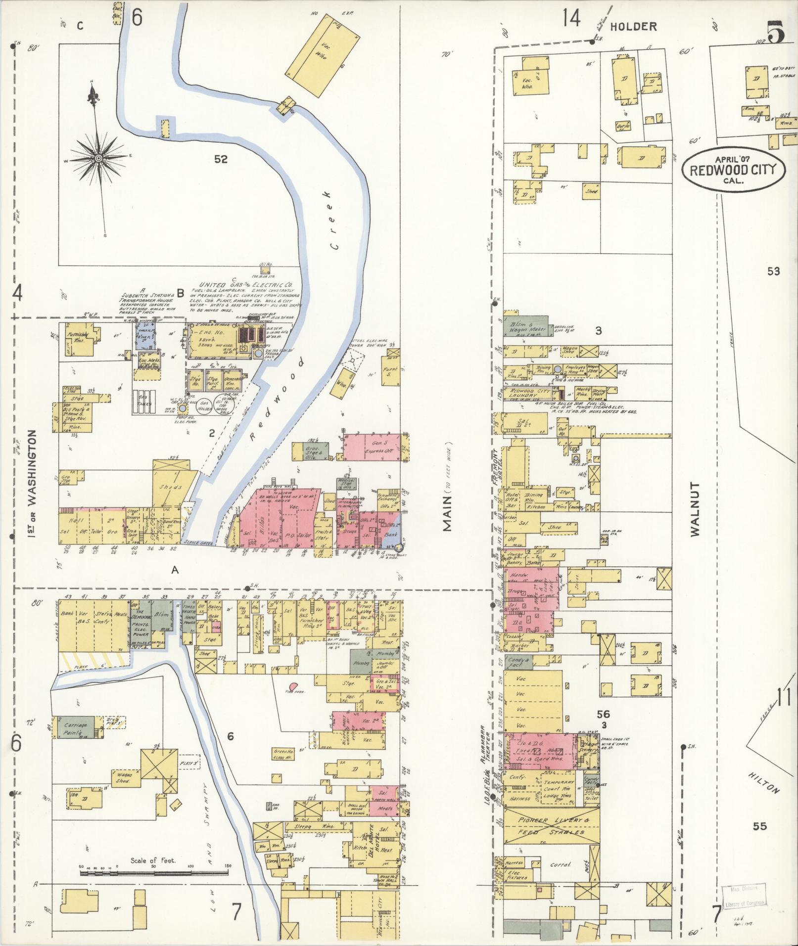Sanborn Fire Insurance Map from Redwood City, San Mateo County, California (1907), Sheet #0005 - Complete Map Set gallery image, historic Sanborn map, vintage wall art, California California