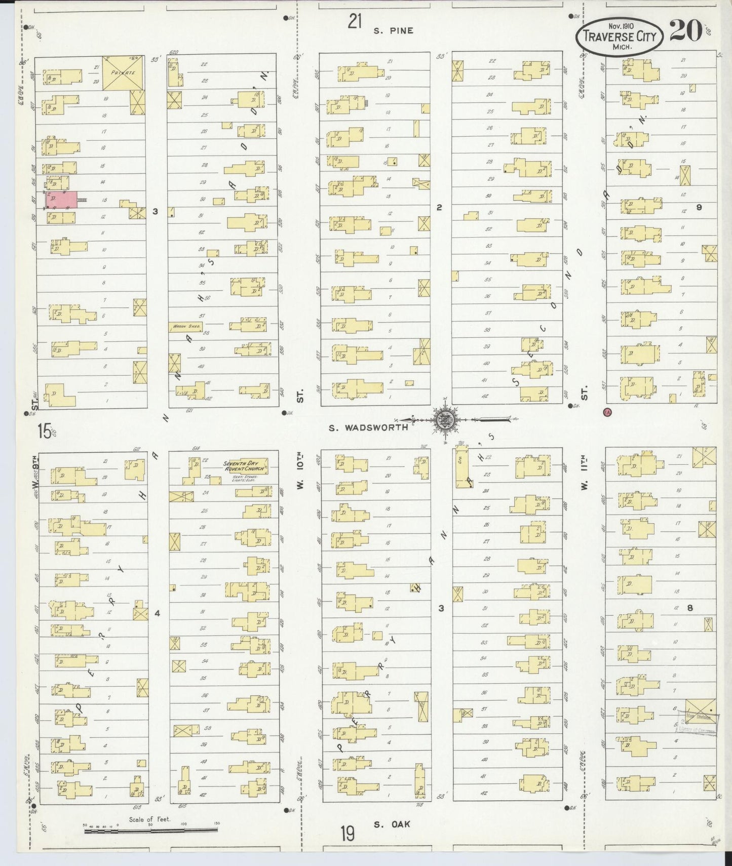 Sanborn Fire Insurance Map from Traverse City, Grand Traverse County, Michigan (1910), Sheet #0020 - Historic Sanborn Fire Insurance Map Print, vintage old map wall art, antique decor, genealogy gift, Michigan Michigan map