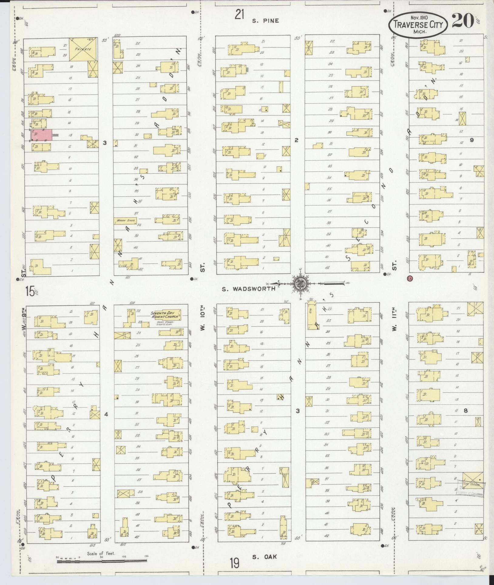 Sanborn Fire Insurance Map from Traverse City, Grand Traverse County, Michigan (1910), Sheet #0020 - Historic Sanborn Fire Insurance Map Print, vintage old map wall art, antique decor, genealogy gift, Michigan Michigan map