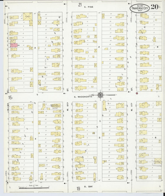Sanborn Fire Insurance Map from Traverse City, Grand Traverse County, Michigan (1910), Sheet #0020 - Historic Sanborn Fire Insurance Map Print, vintage old map wall art, antique decor, genealogy gift, Michigan Michigan map