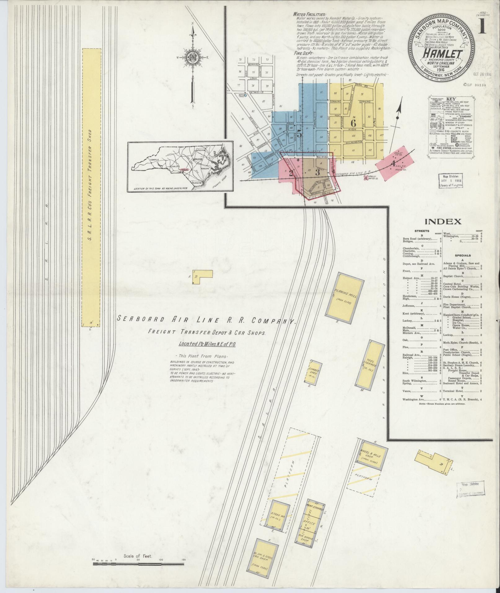 Sanborn Fire Insurance Map from Hamlet, Richmond County, North Carolina (1916), Sheet #0001 - Historic Sanborn Fire Insurance Map Print, vintage old map wall art, antique decor, genealogy gift, North Carolina North Carolina map