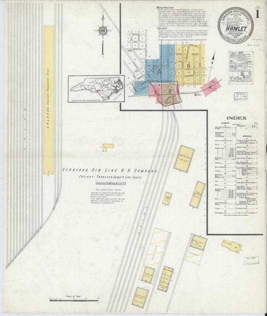 Sanborn Fire Insurance Map from Hamlet, Richmond County, North Carolina (1916), Sheet #0001 - Historic Sanborn Fire Insurance Map Print, vintage old map wall art, antique decor, genealogy gift, North Carolina North Carolina map