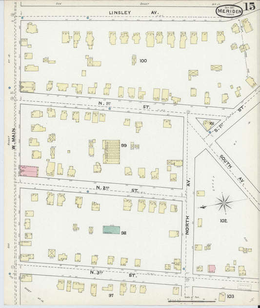 Sanborn Fire Insurance Map from Meriden, New Haven County, Connecticut (1891), Sheet #0015 - Historic Sanborn Fire Insurance Map Print, vintage old map wall art, antique decor, genealogy gift, Connecticut Connecticut map