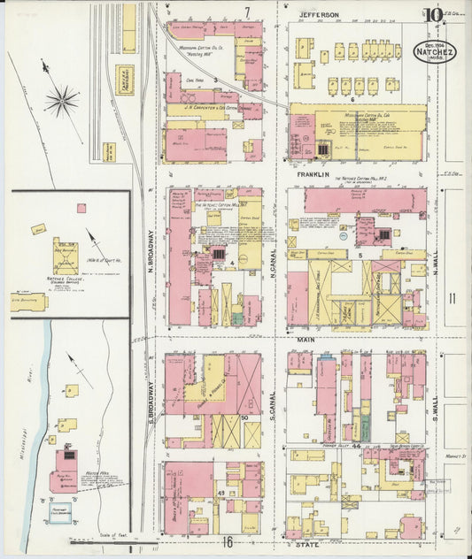 Sanborn Fire Insurance Map from Natchez, Adams County, Mississippi (1904), Sheet #0010 - Historic Sanborn Fire Insurance Map Print, vintage old map wall art, antique decor, genealogy gift, Mississippi Mississippi map