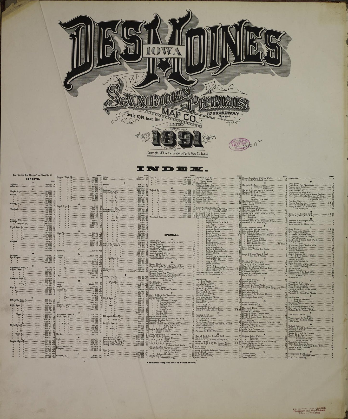 Sanborn Fire Insurance Map from Des Moines, Polk County, Iowa (1891), Sheet #0001 - Historic Sanborn Fire Insurance Map Print, vintage old map wall art