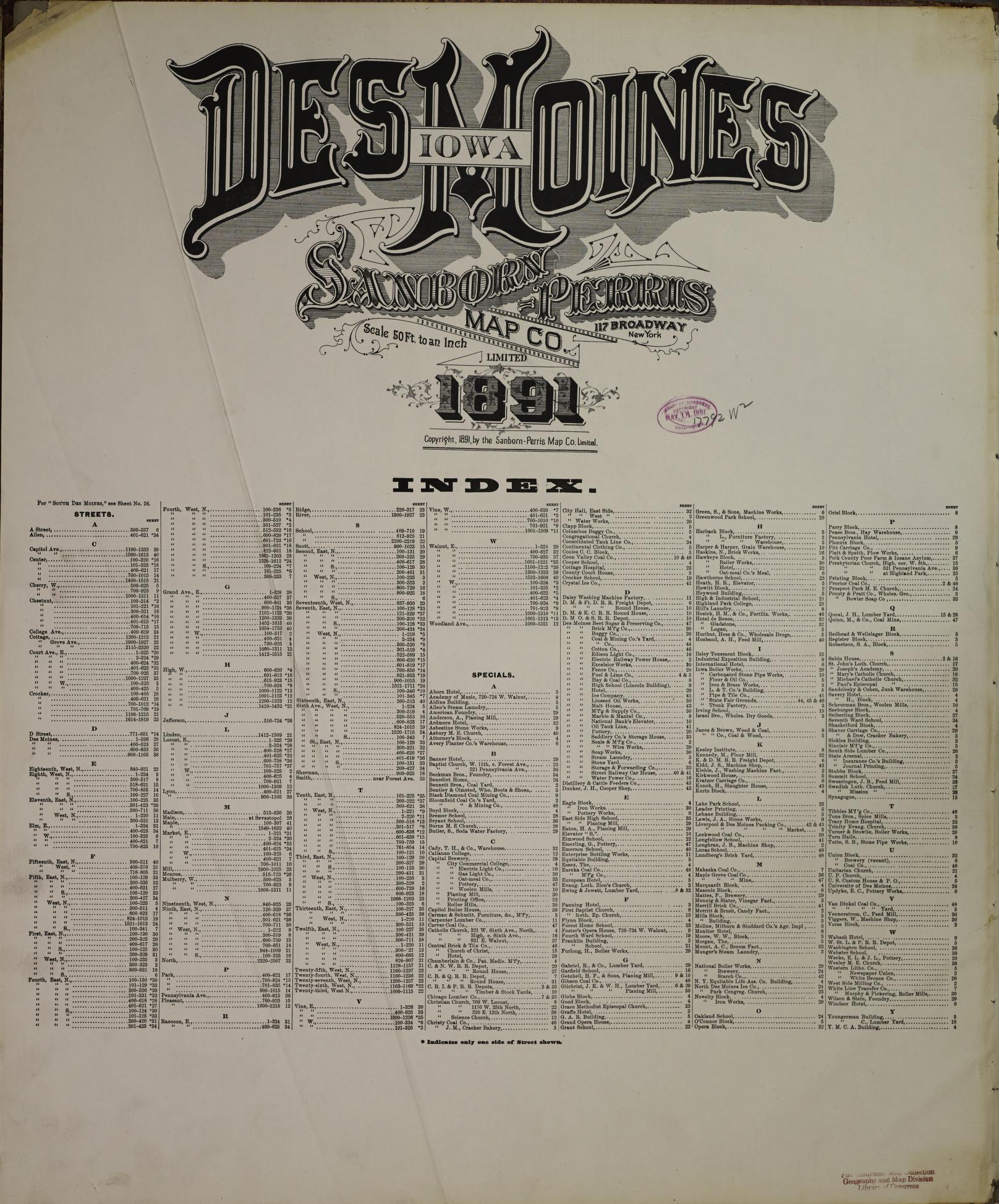 Sanborn Fire Insurance Map from Des Moines, Polk County, Iowa (1891), Sheet #0001 - Historic Sanborn Fire Insurance Map Print, vintage old map wall art