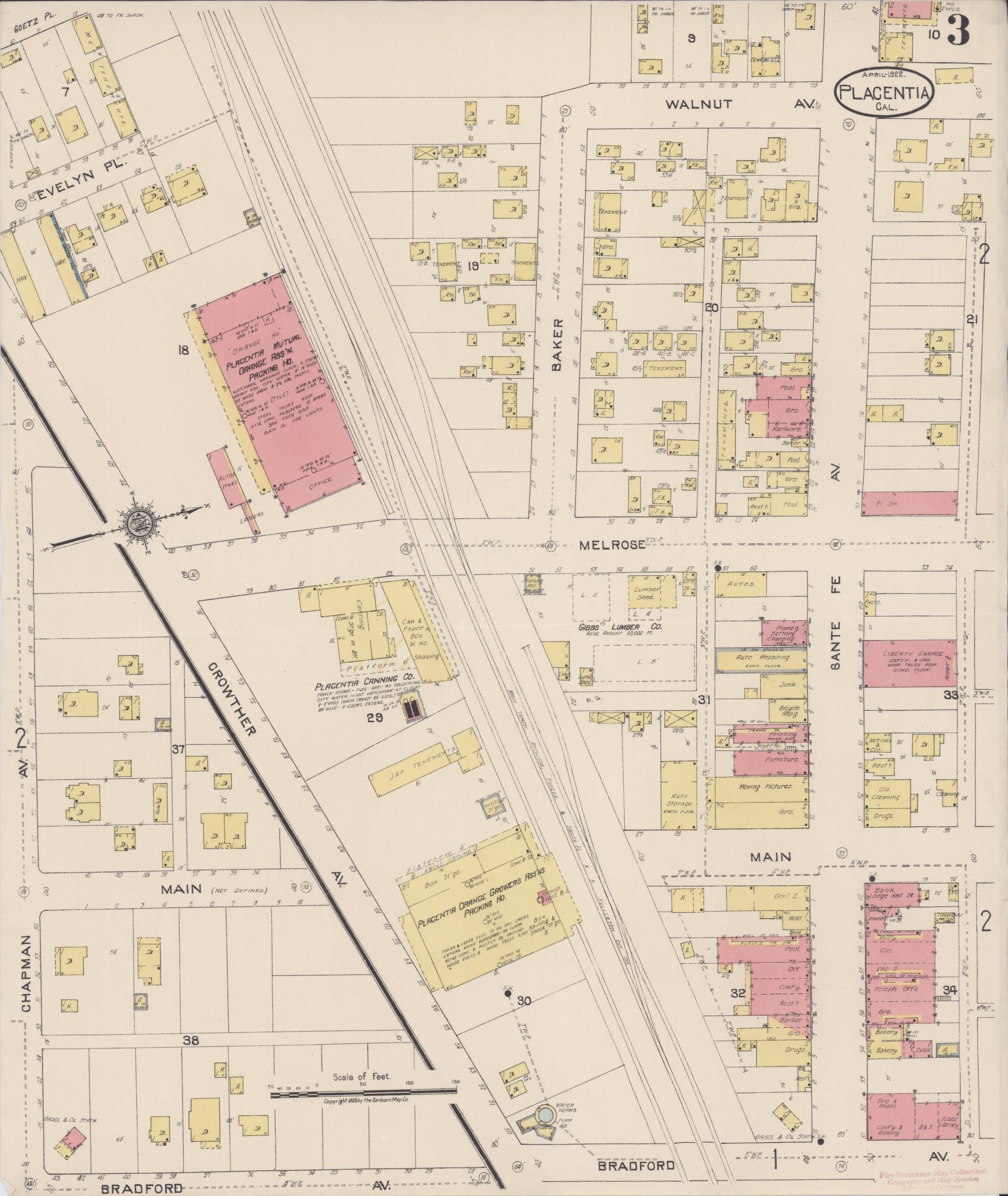 Sanborn Fire Insurance Map from Placentia, Orange County, California (1922), Sheet #0003 - Complete Map Set gallery image, historic Sanborn map, vintage wall art, California California