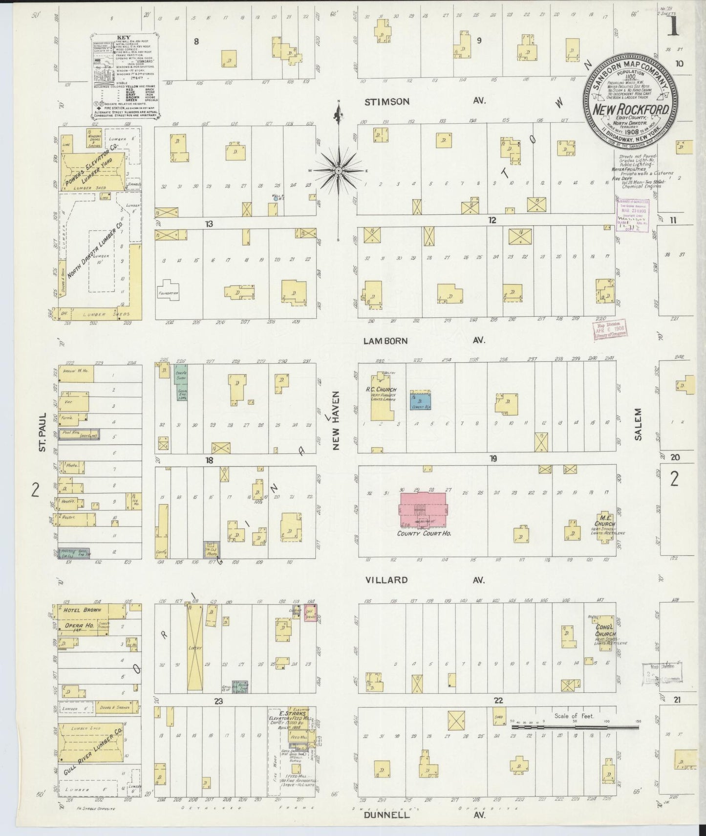 Sanborn Fire Insurance Map from New Rockford, Eddy County, North Dakota (1908), Sheet #0001 - Historic Sanborn Fire Insurance Map Print, vintage old map wall art, antique decor, genealogy gift, North Dakota North Dakota map