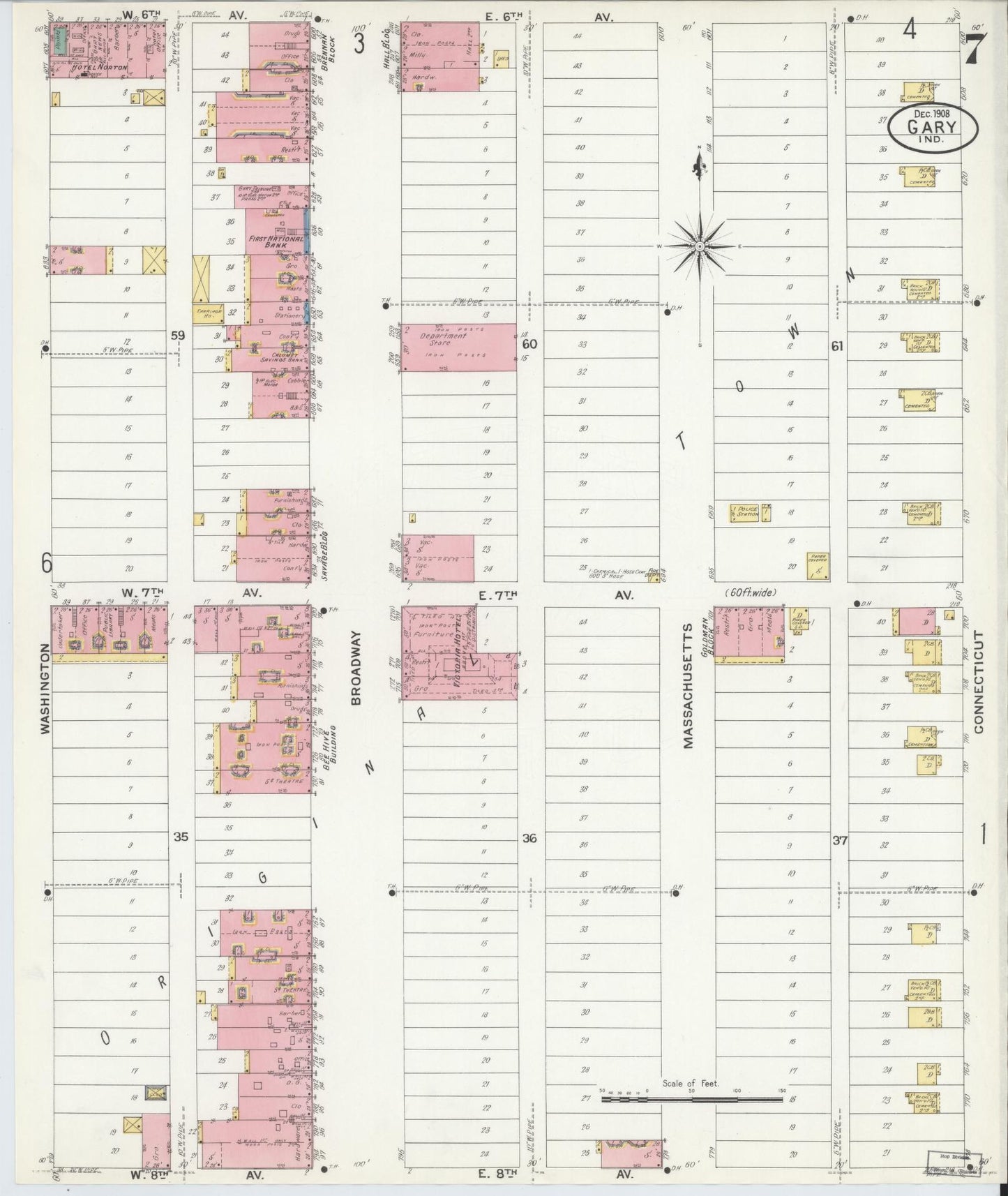 Sanborn Fire Insurance Map from Gary, Lake County, Indiana (1908), Sheet #0007 - Complete Map Set gallery image, historic Sanborn map, vintage wall art, Indiana Indiana