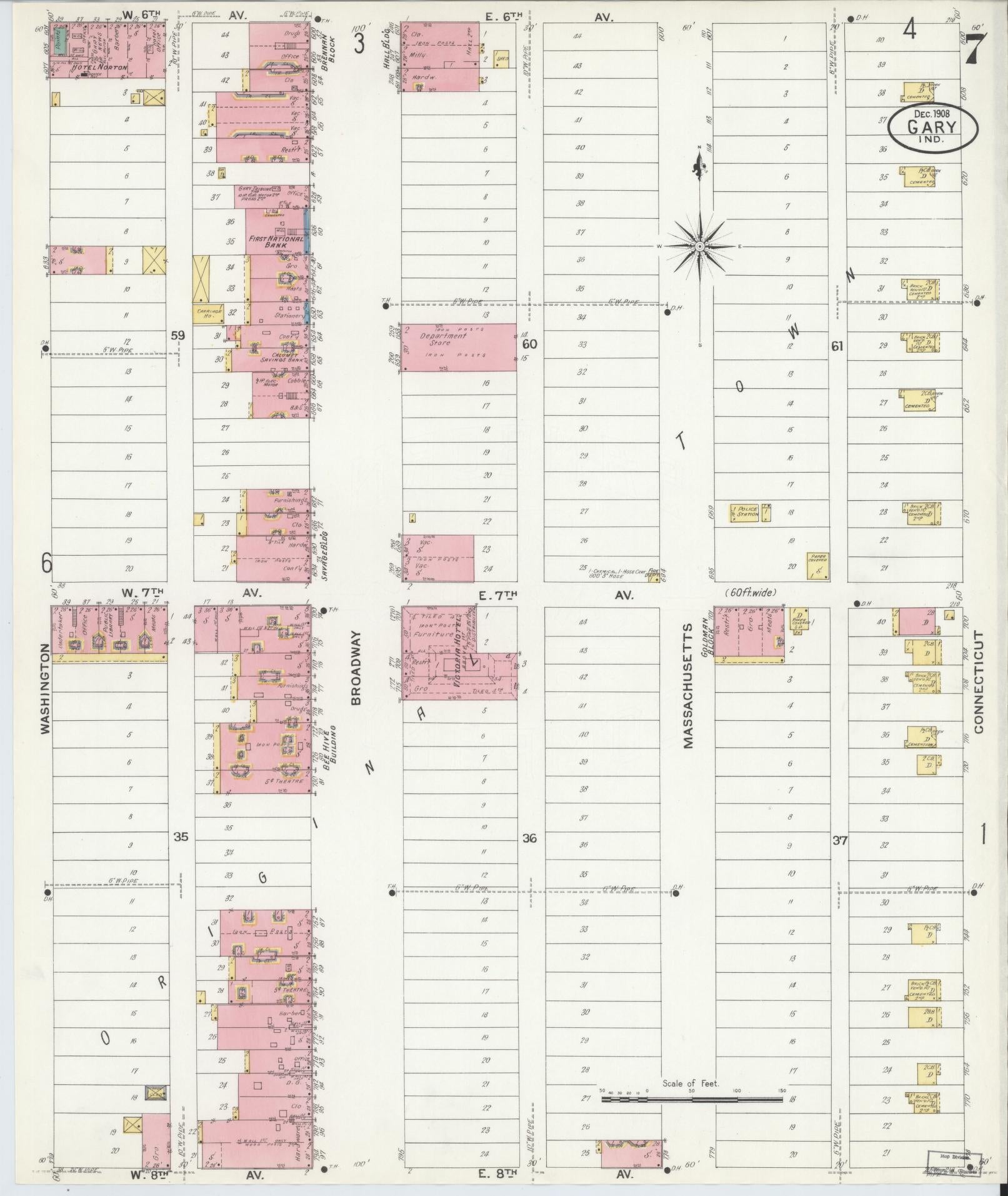 Sanborn Fire Insurance Map from Gary, Lake County, Indiana (1908), Sheet #0007 - Complete Map Set gallery image, historic Sanborn map, vintage wall art, Indiana Indiana