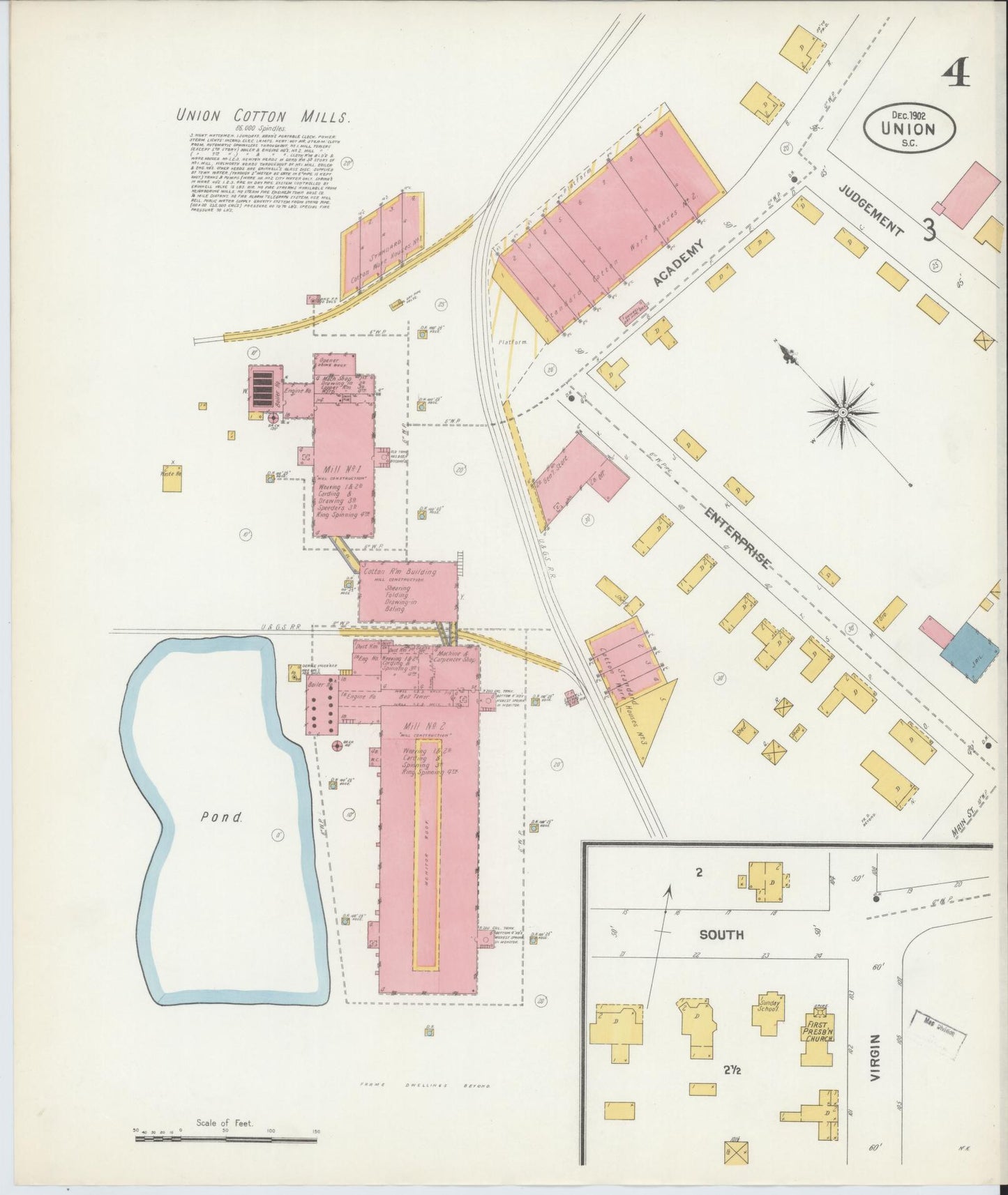 Sanborn Fire Insurance Map from Union, Union County, South Carolina (1902), Sheet #0004 - Historic Sanborn Fire Insurance Map Print, vintage old map wall art, antique decor, genealogy gift, South Carolina South Carolina map