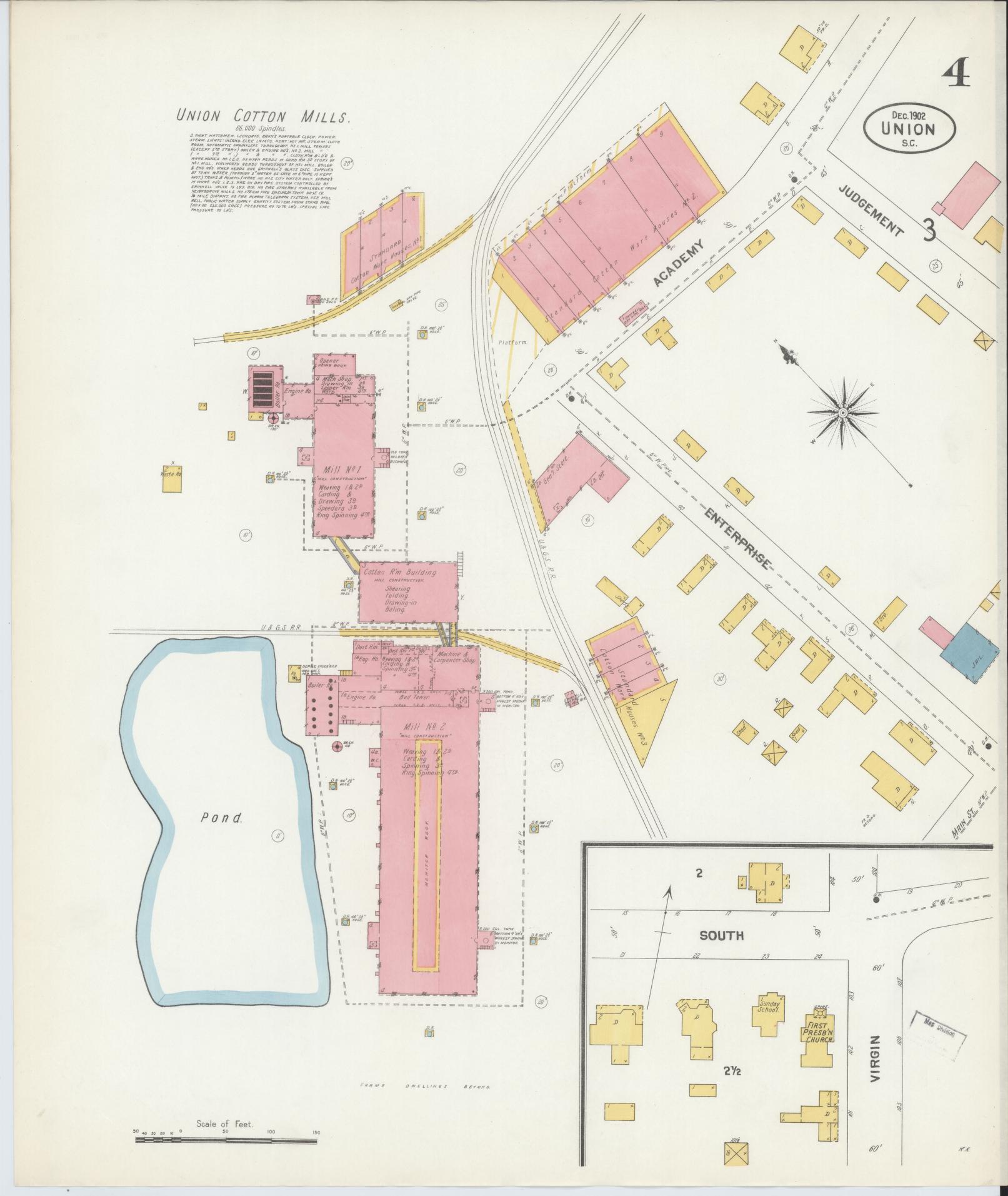 Sanborn Fire Insurance Map from Union, Union County, South Carolina (1902), Sheet #0004 - Historic Sanborn Fire Insurance Map Print, vintage old map wall art, antique decor, genealogy gift, South Carolina South Carolina map