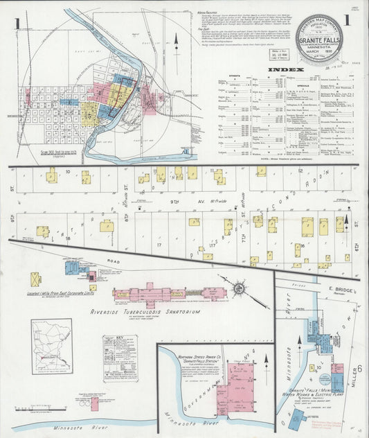 Sanborn Fire Insurance Map from Granite Falls, Yellow Medicine And Chippewa Counties, Minnesota (1930), Sheet #0001 - Historic Sanborn Fire Insurance Map Print, vintage old map wall art, antique decor, genealogy gift, Minnesota Minnesota map