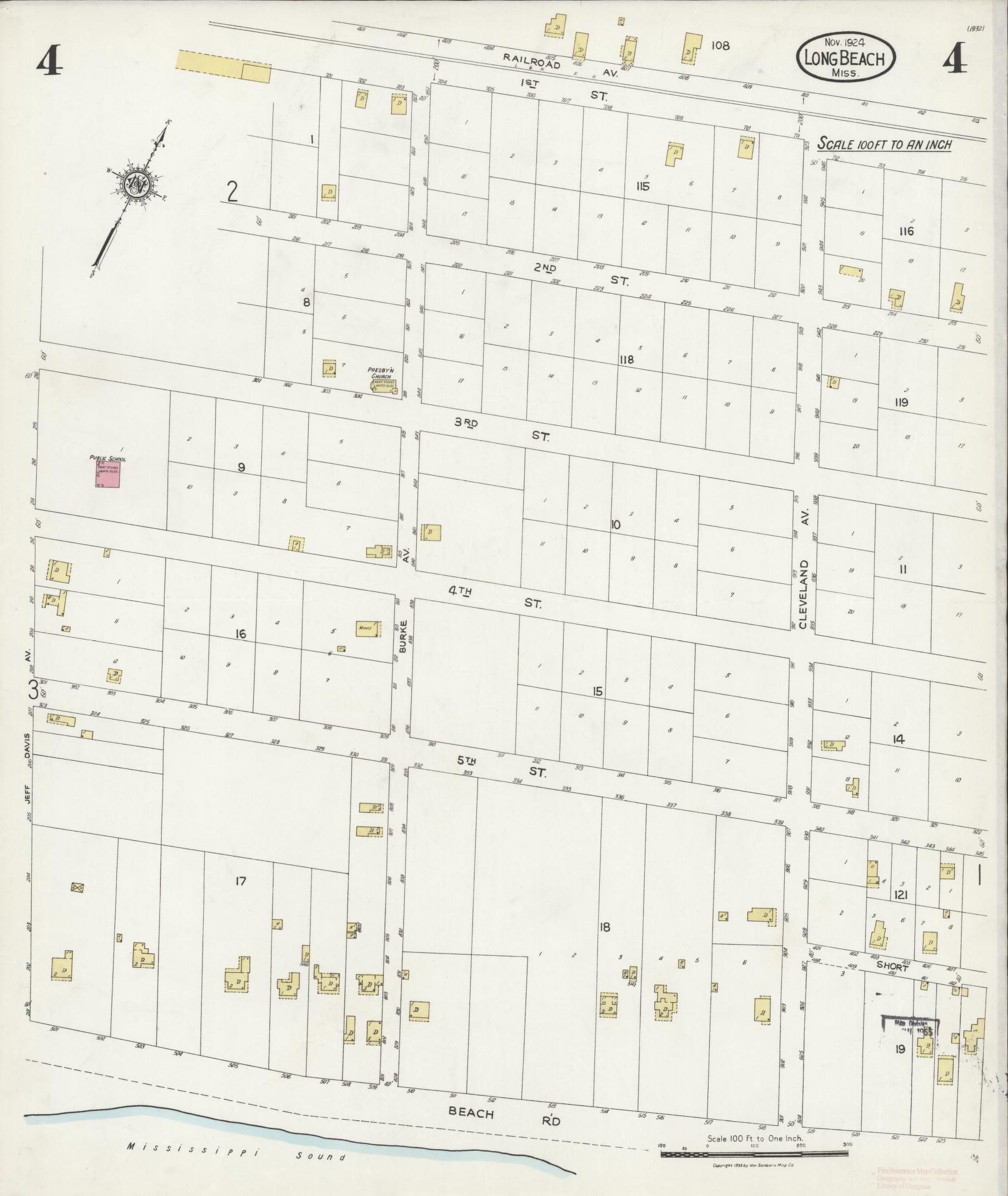 Sanborn Fire Insurance Map from Long Beach, Harrison County, Mississippi (1924), Sheet #0004 - Complete Map Set gallery image, historic Sanborn map, vintage wall art, Mississippi Mississippi