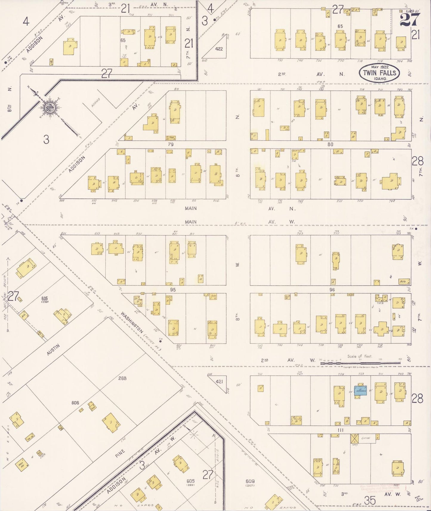 Sanborn Fire Insurance Map from Twin Falls, Twin Falls County, Idaho (1922), Sheet #0027 - Complete Map Set gallery image, historic Sanborn map, vintage wall art, Falls Idaho