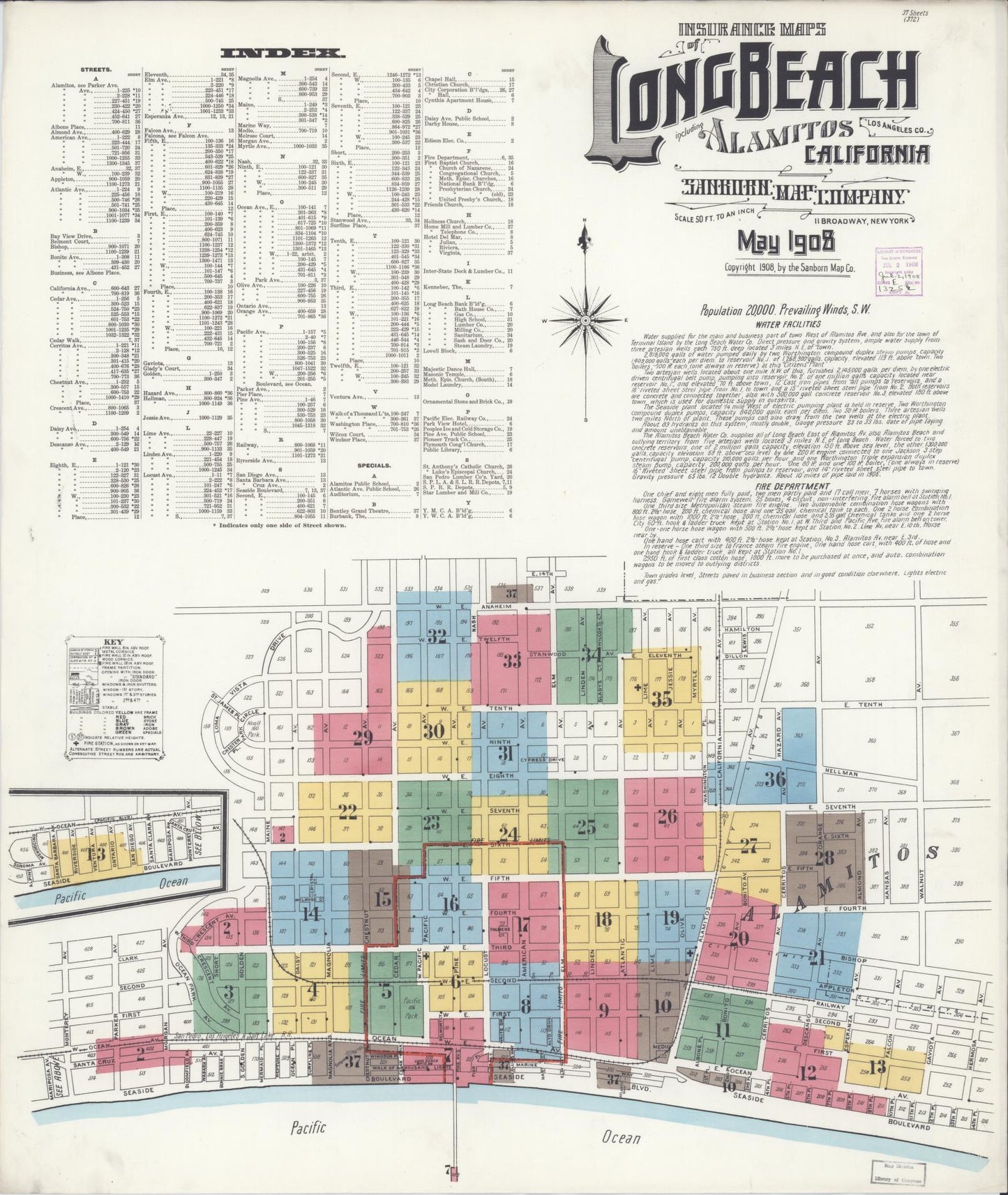 Sanborn Fire Insurance Map from Long Beach, Los Angeles County, California (1908), Sheet #0001 - Historic Sanborn Fire Insurance Map Print, vintage old map wall art, antique decor, genealogy gift, California California map