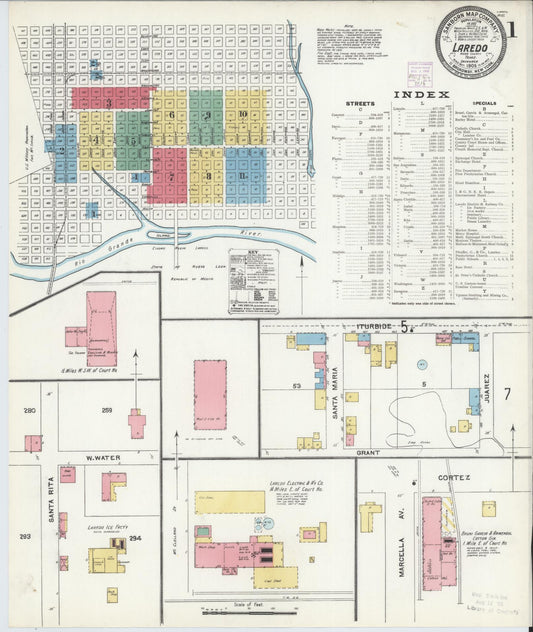 Sanborn Fire Insurance Map from Laredo, Webb County, Texas (1905), Sheet #0001 - Complete Map Set gallery image, historic Sanborn map, vintage wall art, Texas Texas