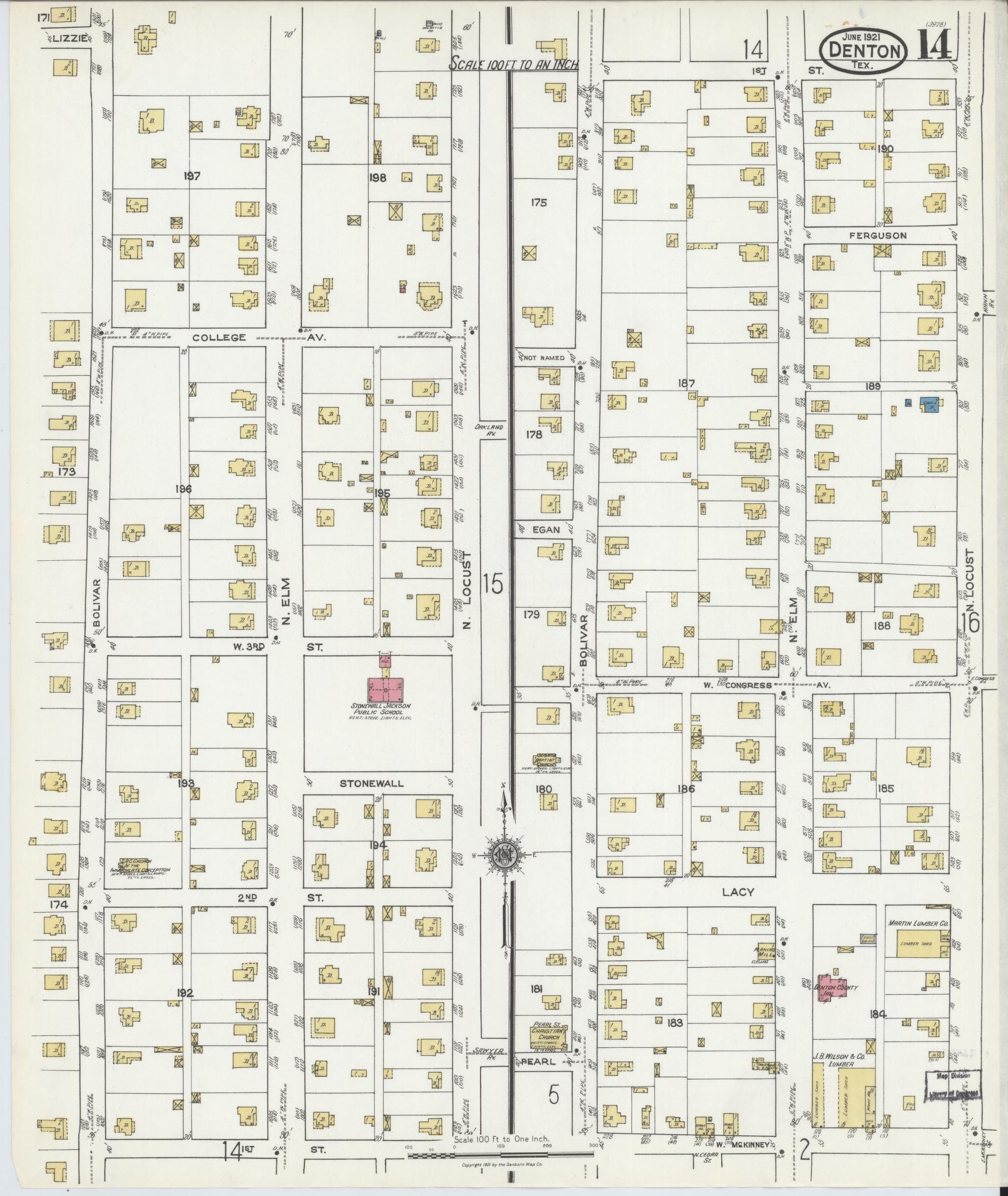 Sanborn Fire Insurance Map from Denton, Denton County, Texas (1921), Sheet #0014 - Historic Sanborn Fire Insurance Map Print, vintage old map wall art, antique decor, genealogy gift, Texas Texas map