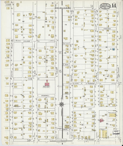 Sanborn Fire Insurance Map from Denton, Denton County, Texas (1921), Sheet #0014 - Historic Sanborn Fire Insurance Map Print, vintage old map wall art, antique decor, genealogy gift, Texas Texas map