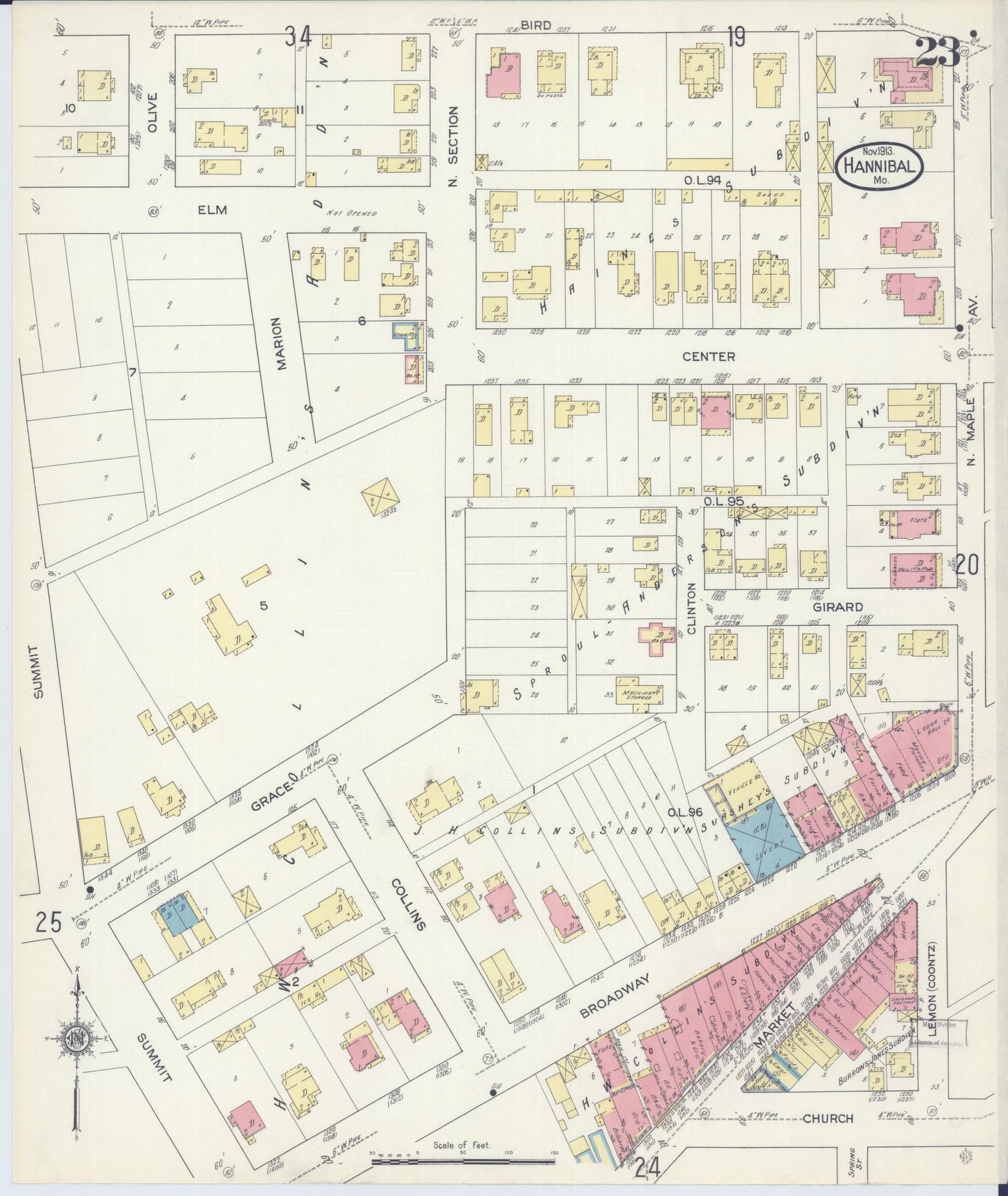 Sanborn Fire Insurance Map from Hannibal, Marion County, Missouri (1913), Sheet #0023 - Complete Map Set gallery image, historic Sanborn map, vintage wall art, Missouri Missouri