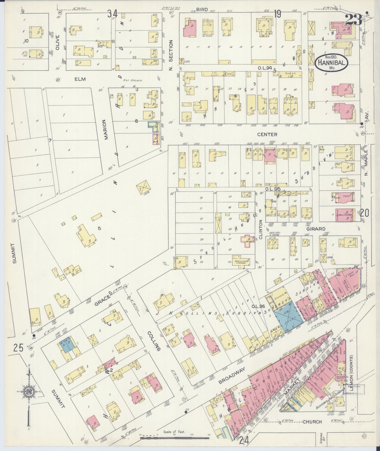 Sanborn Fire Insurance Map from Hannibal, Marion County, Missouri (1913), Sheet #0023 - Complete Map Set gallery image, historic Sanborn map, vintage wall art, Missouri Missouri