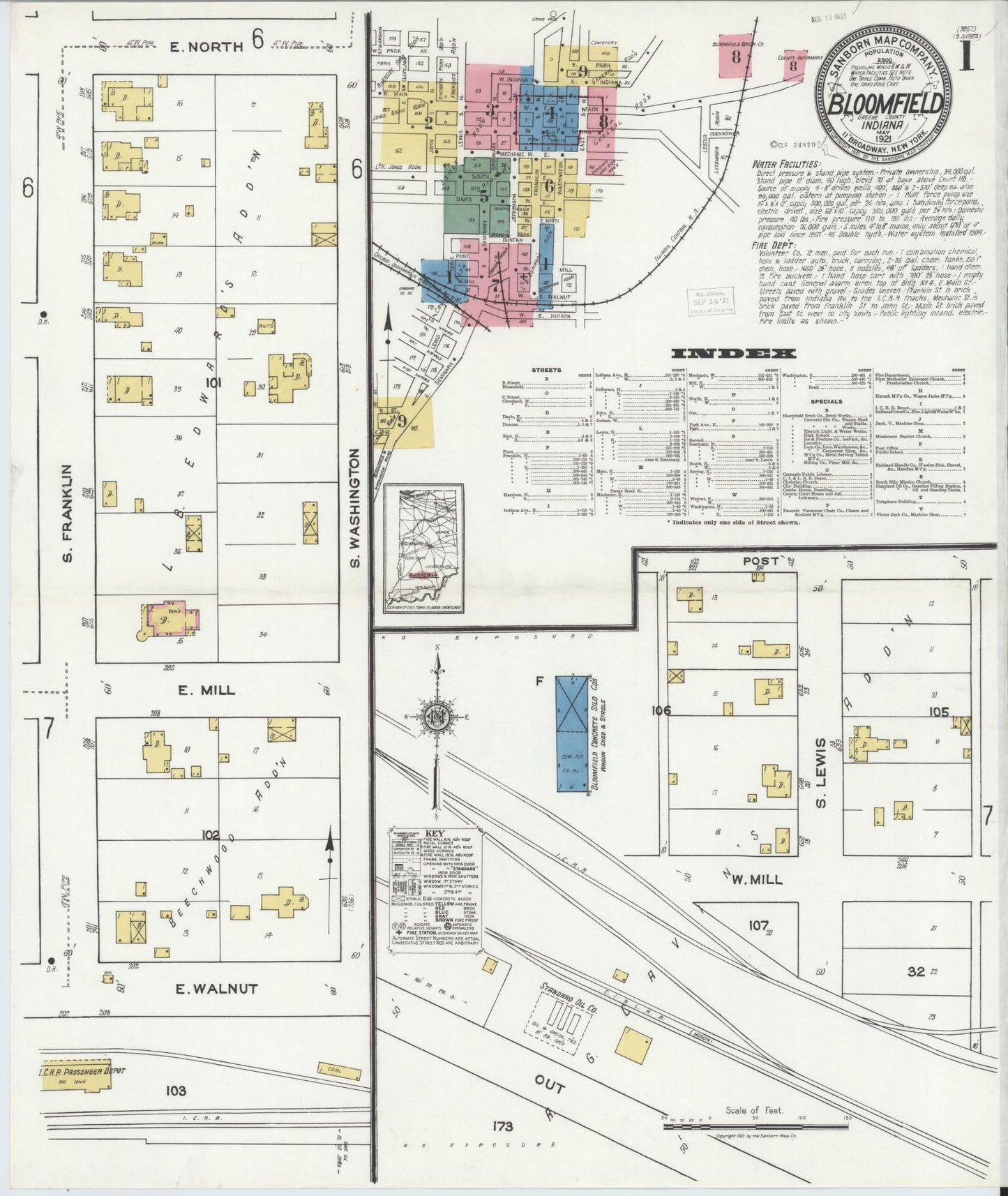 Sanborn Fire Insurance Map from Bloomfield, Greene County, Indiana (1921), Sheet #0001 - Historic Sanborn Fire Insurance Map Print, vintage old map wall art, antique decor, genealogy gift, Indiana Indiana map