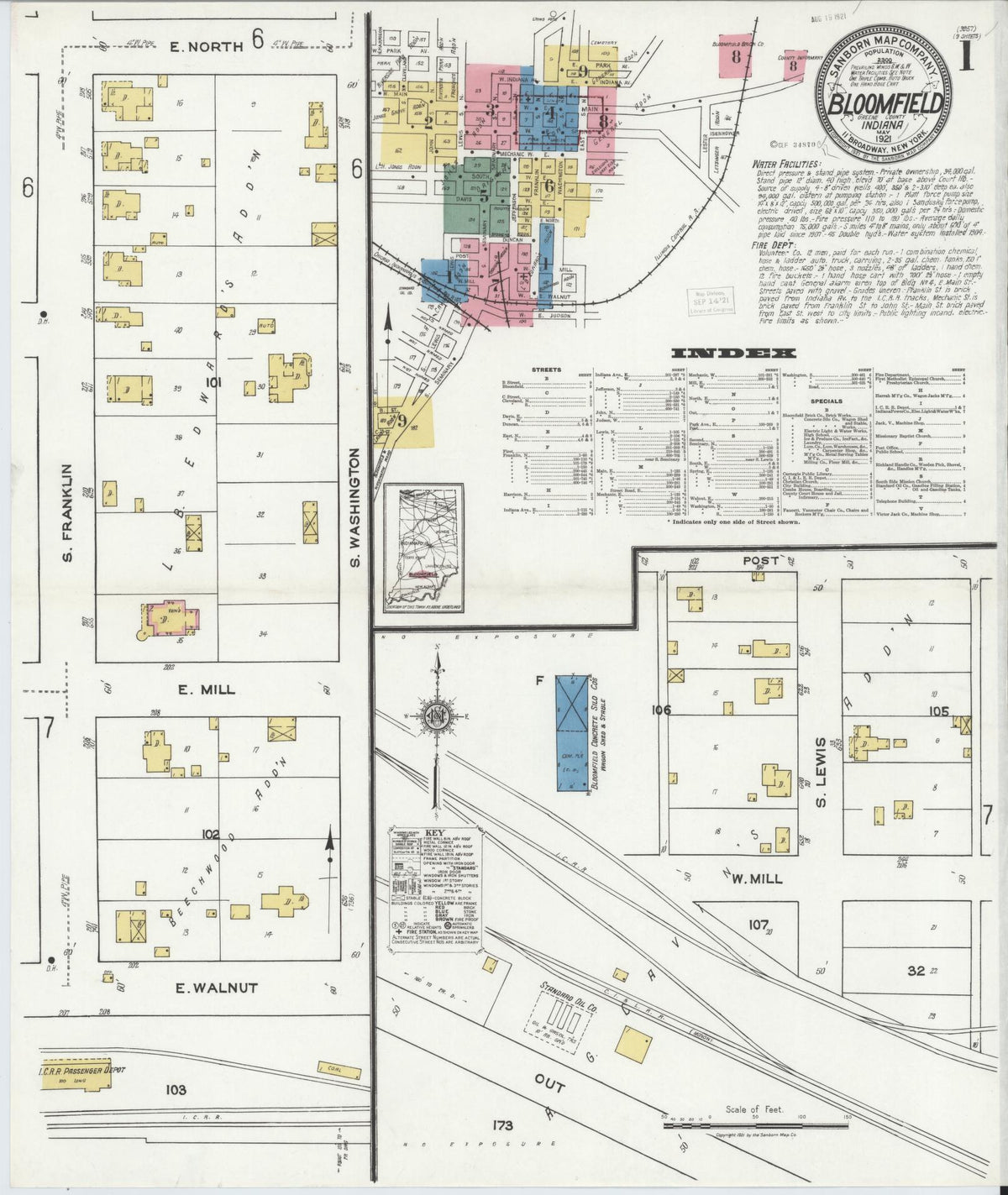 Sanborn Fire Insurance Map from Bloomfield, Greene County, Indiana (1921), Sheet #0001 - Historic Sanborn Fire Insurance Map Print, vintage old map wall art, antique decor, genealogy gift, Indiana Indiana map