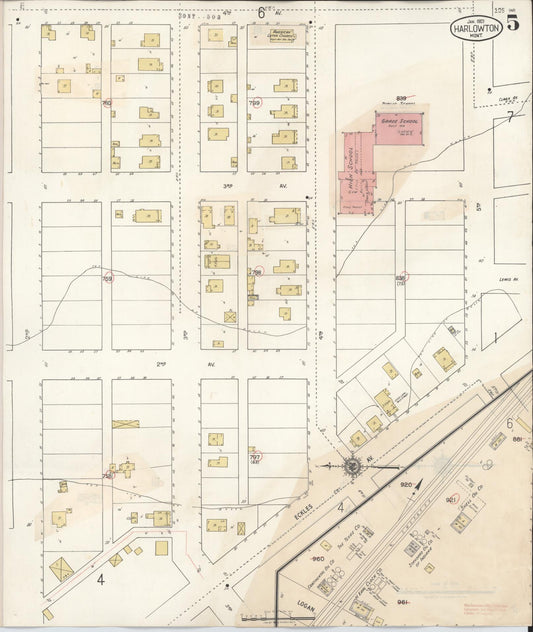 Sanborn Fire Insurance Map from Harlowton, Wheatland County, Montana (1943), Sheet #0005 - Historic Sanborn Fire Insurance Map Print, vintage old map wall art, antique decor, genealogy gift, Montana Montana map