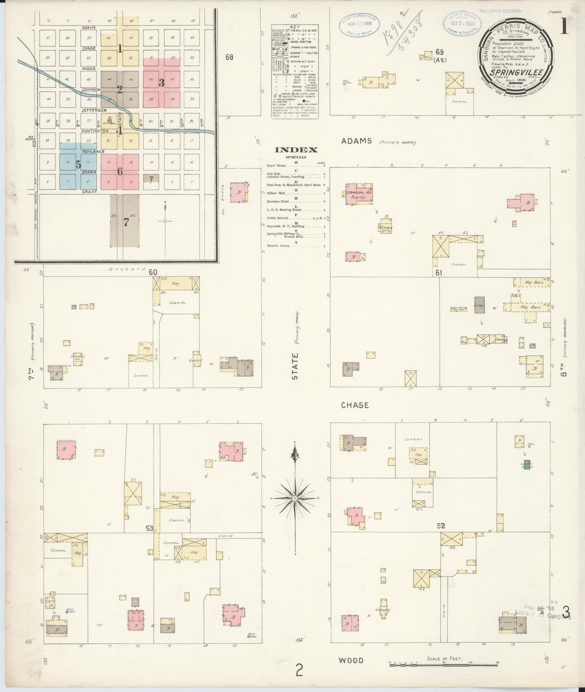 Sanborn Fire Insurance Map from Springville, Utah County, Utah (1898), Sheet #0001 - Historic Sanborn Fire Insurance Map Print, vintage old map wall art, antique decor, genealogy gift, Springville Utah map