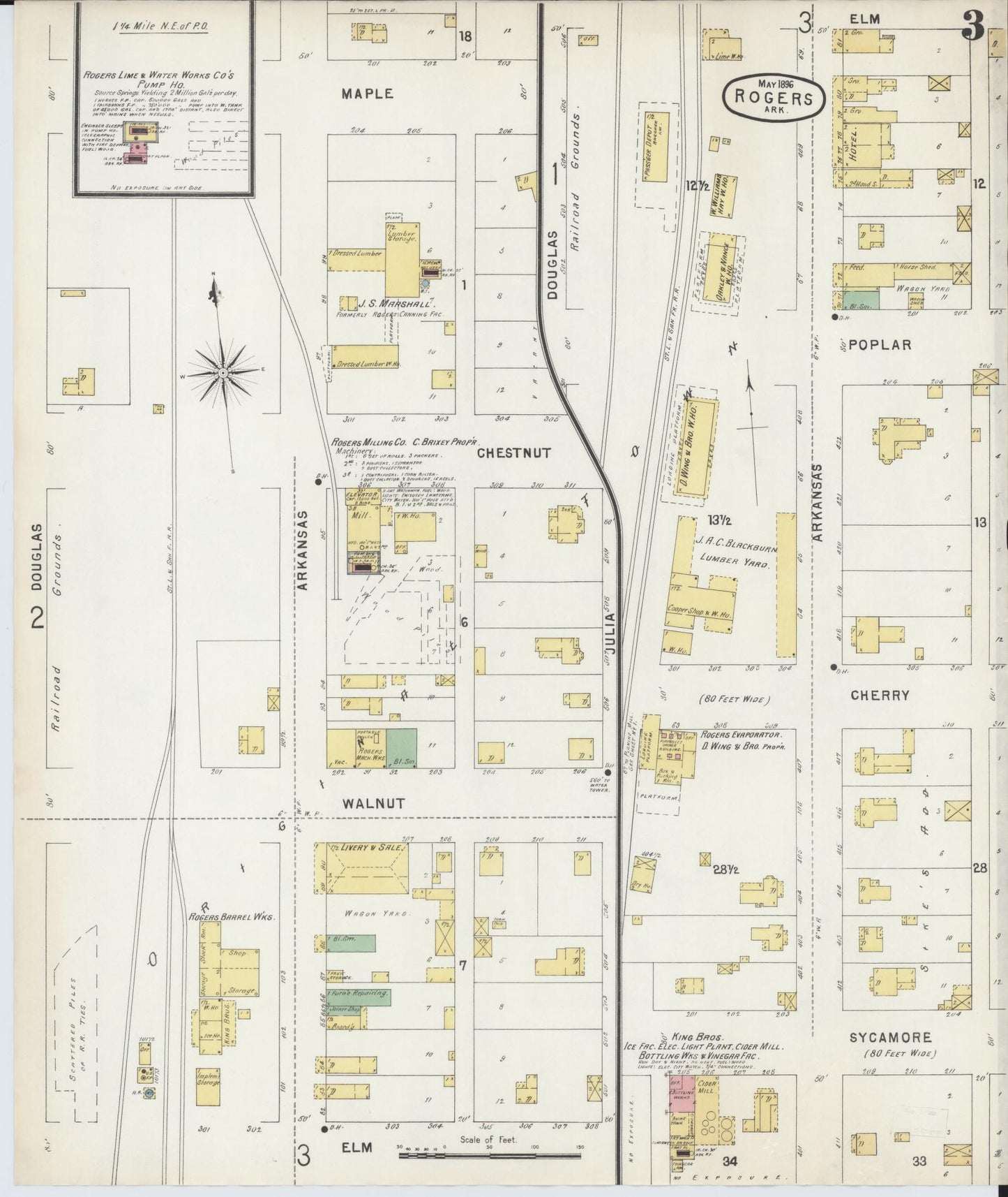 Sanborn Fire Insurance Map from Rogers, Benton County, Arkansas (1896), Sheet #0003 - Historic Sanborn Fire Insurance Map Print, vintage old map wall art, antique decor, genealogy gift, Arkansas Arkansas map