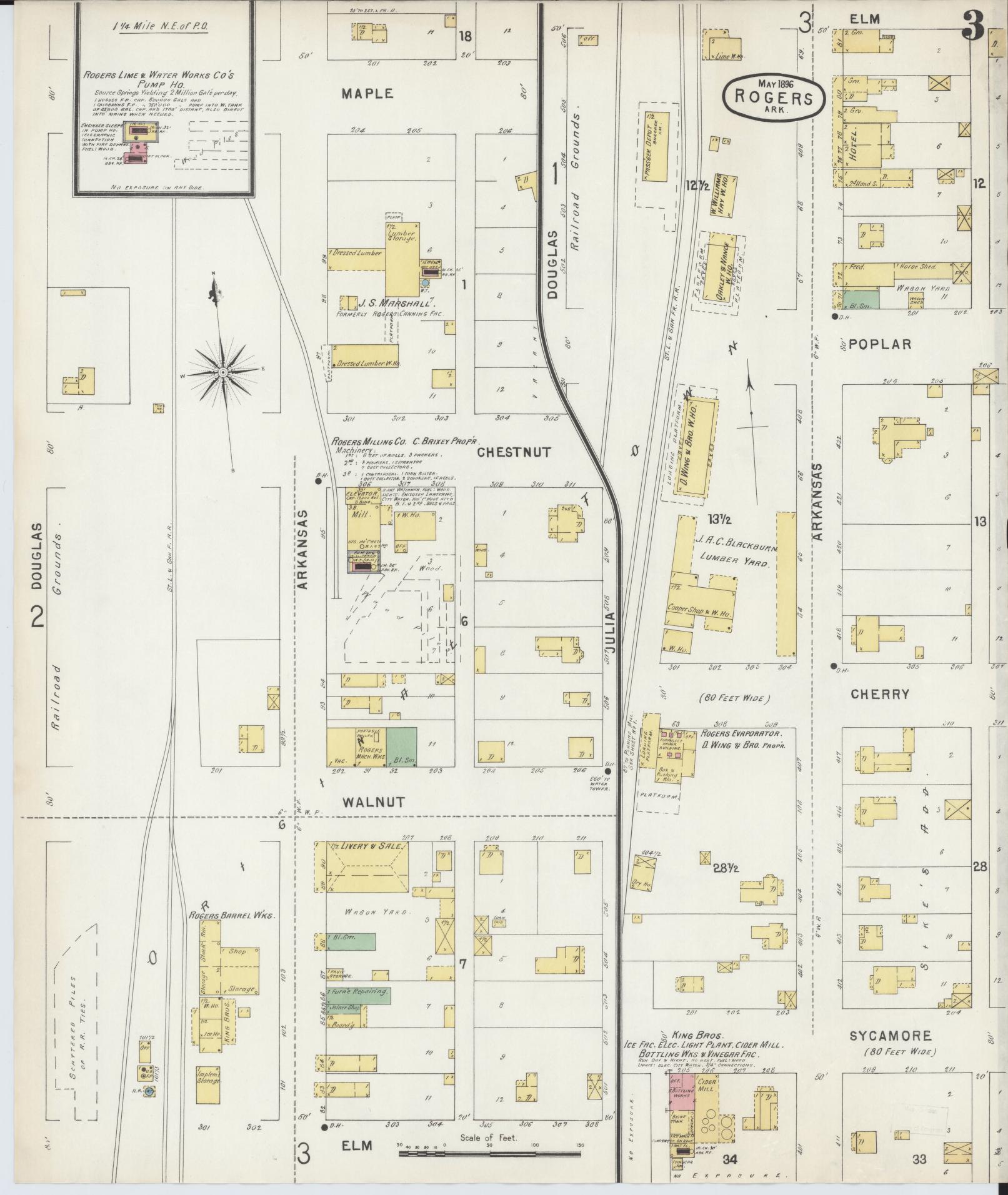 Sanborn Fire Insurance Map from Rogers, Benton County, Arkansas (1896), Sheet #0003 - Historic Sanborn Fire Insurance Map Print, vintage old map wall art, antique decor, genealogy gift, Arkansas Arkansas map