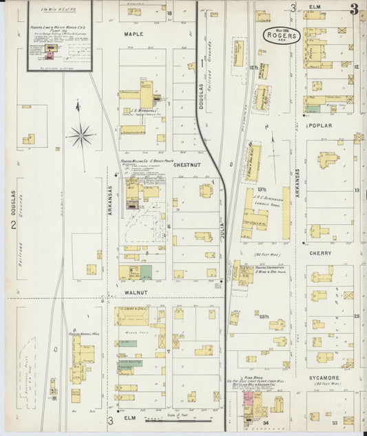 Sanborn Fire Insurance Map from Rogers, Benton County, Arkansas (1896), Sheet #0003 - Historic Sanborn Fire Insurance Map Print, vintage old map wall art, antique decor, genealogy gift, Arkansas Arkansas map
