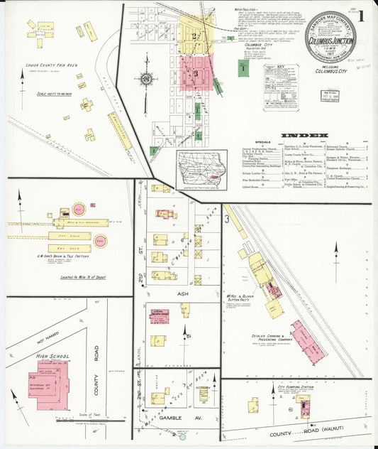 Sanborn Fire Insurance Map from Columbus Junction, Louisa County, Iowa (1917), Sheet #0001 - Historic Sanborn Fire Insurance Map Print, vintage old map wall art