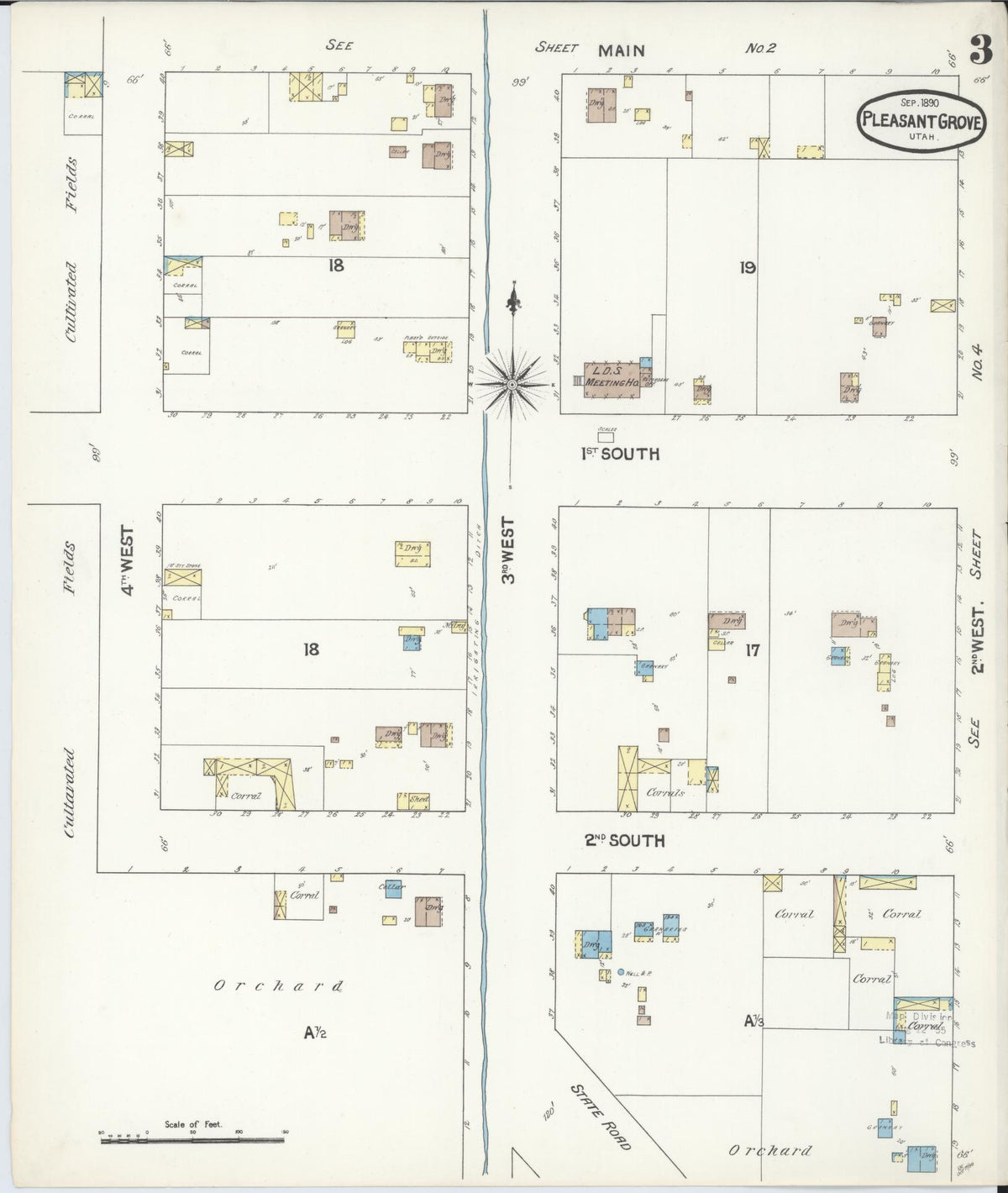Sanborn Fire Insurance Map from Pleasant Grove, Utah County, Utah (1890), Sheet #0003 - Historic Sanborn Fire Insurance Map Print, vintage old map wall art, antique decor, genealogy gift, Pleasant Grove Utah map