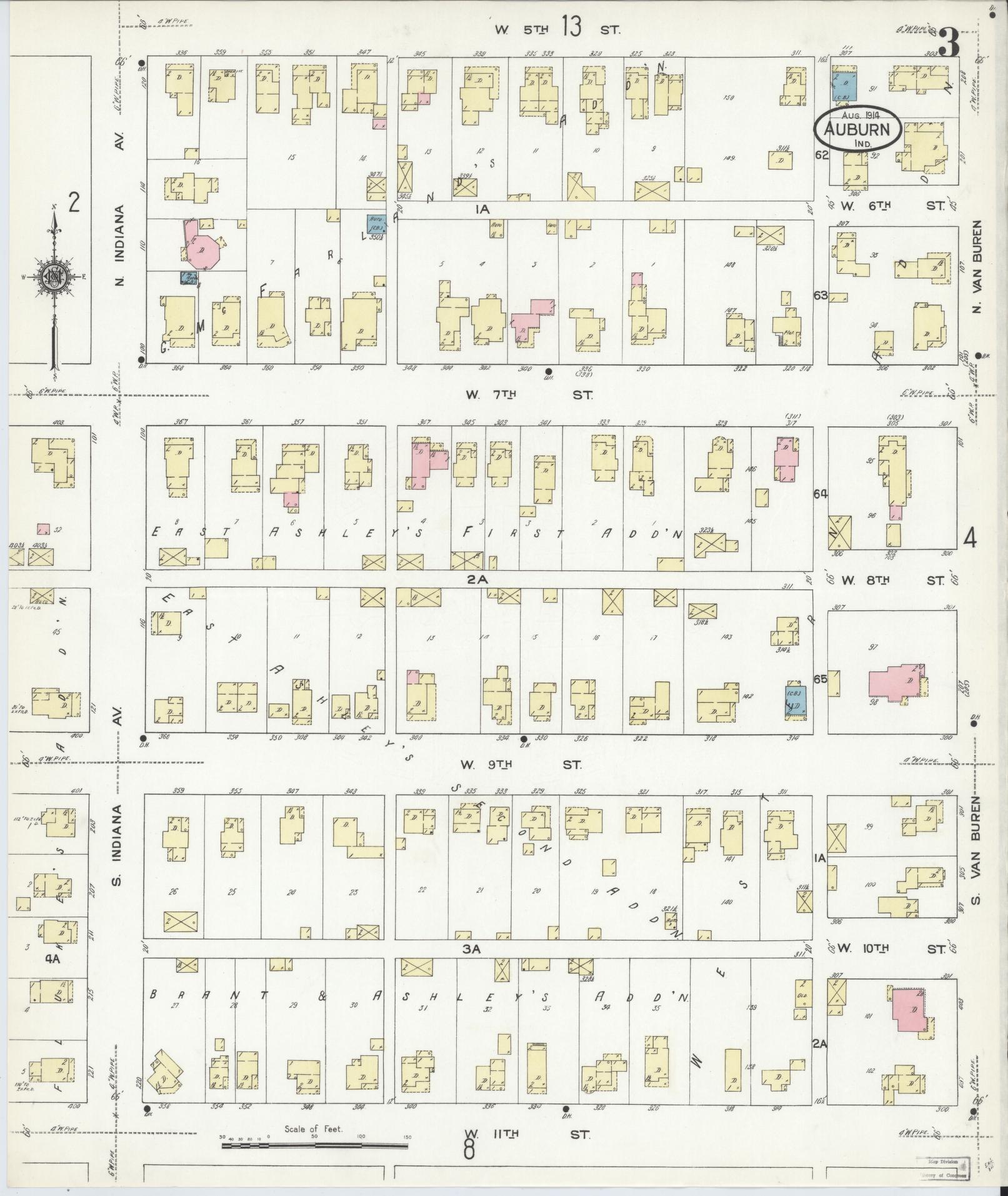 Sanborn Fire Insurance Map from Auburn, De Kalb County, Indiana (1914), Sheet #0003 - Historic Sanborn Fire Insurance Map Print, vintage old map wall art, antique decor, genealogy gift, Indiana Indiana map