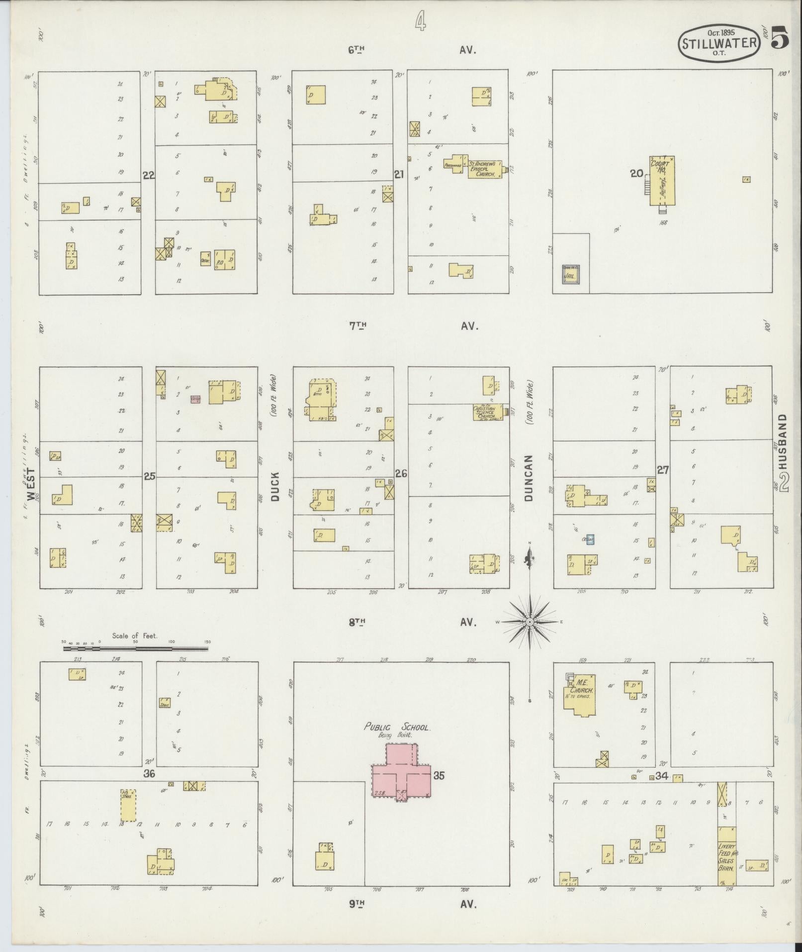 Sanborn Fire Insurance Map from Stillwater, Payne County, Oklahoma (1895), Sheet #0005 - Historic Sanborn Fire Insurance Map Print, vintage old map wall art, antique decor, genealogy gift, Oklahoma Oklahoma map