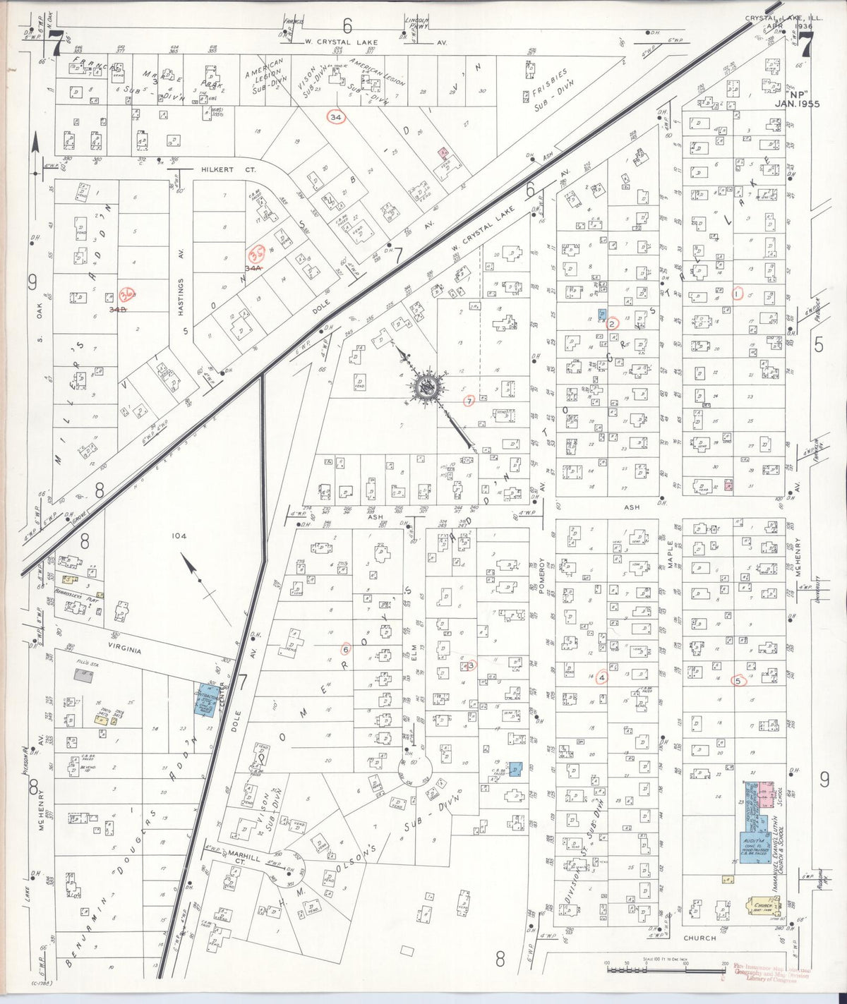 Sanborn Fire Insurance Map from Crystal Lake, McHenry County, Illinois (1955), Sheet #0007 - Complete Map Set gallery image, historic Sanborn map, vintage wall art, Illinois Illinois