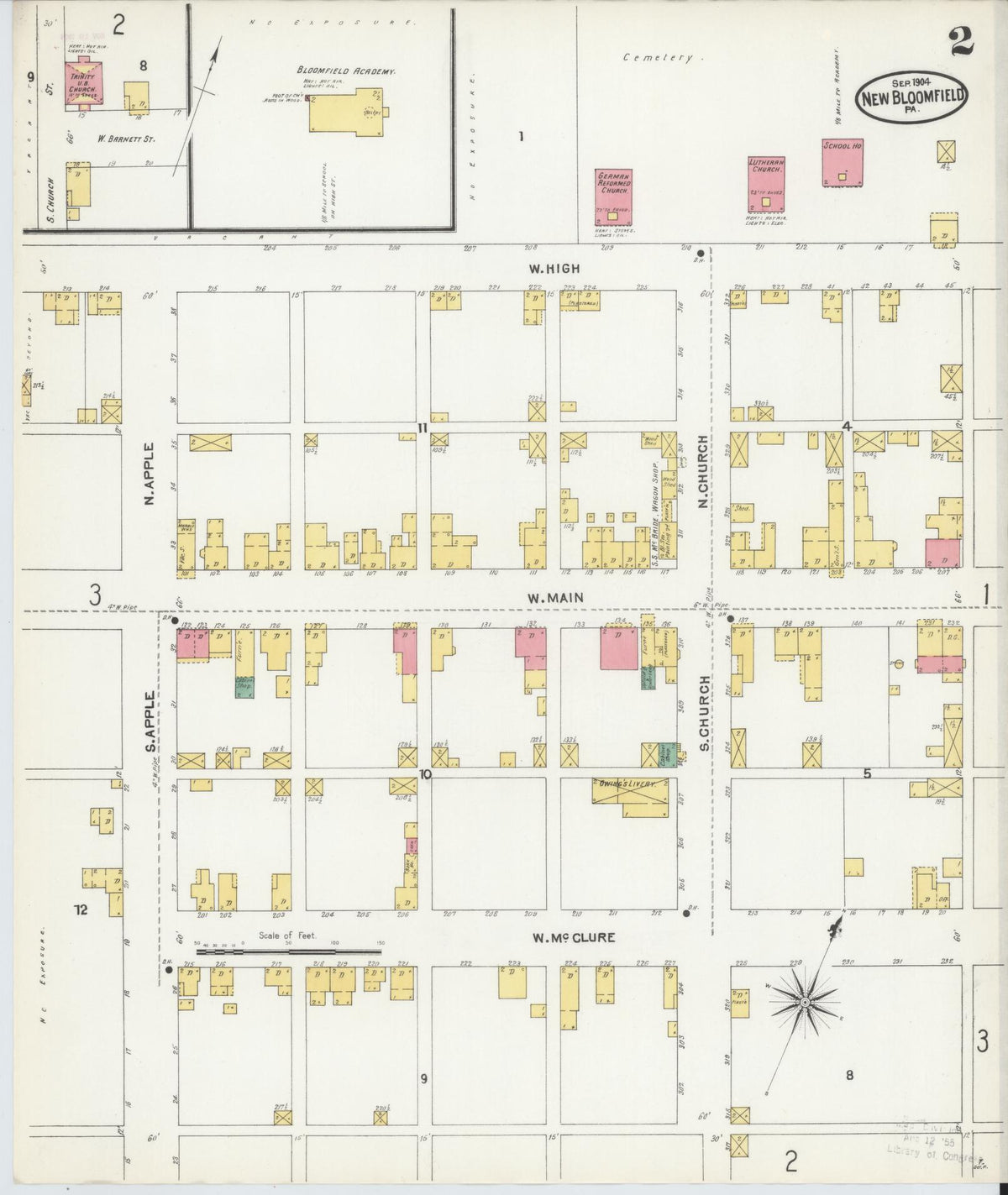 Sanborn Fire Insurance Map from New Bloomfield, Perry County, Pennsylvania (1904), Sheet #0002 - Complete Map Set gallery image, historic Sanborn map, vintage wall art, Pennsylvania Pennsylvania